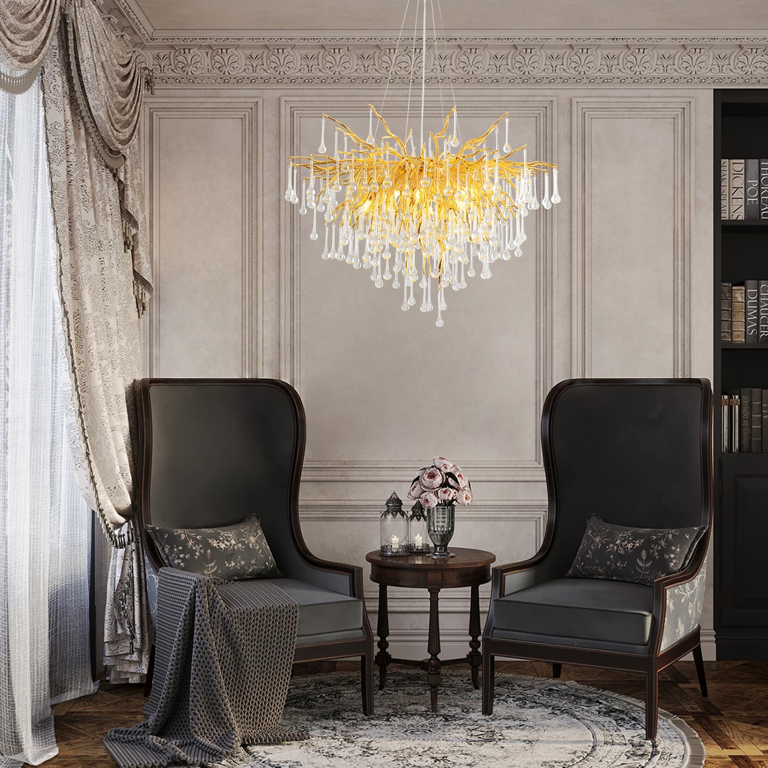 Niuzdu Crystal Chandelier For Dining Room - 31In Modern Farmhouse Crystal Gold Chandelier, Raindrop Tree Branch Chandeliers For
