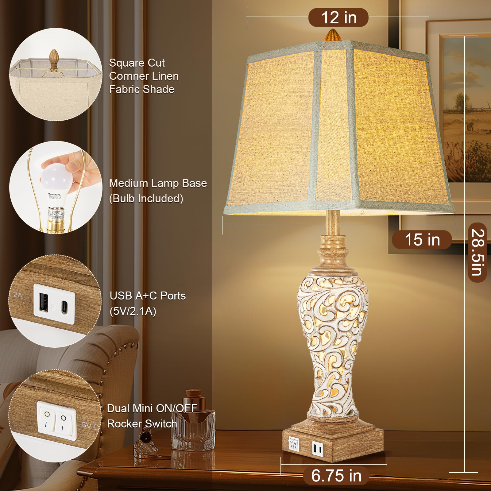 28.5'' Rustic Table Lamp Set Of 2 For Living Room Farmhouse Lamps For Bedroom, Bedside Lamps With Night Lights And Usb C+A Charg