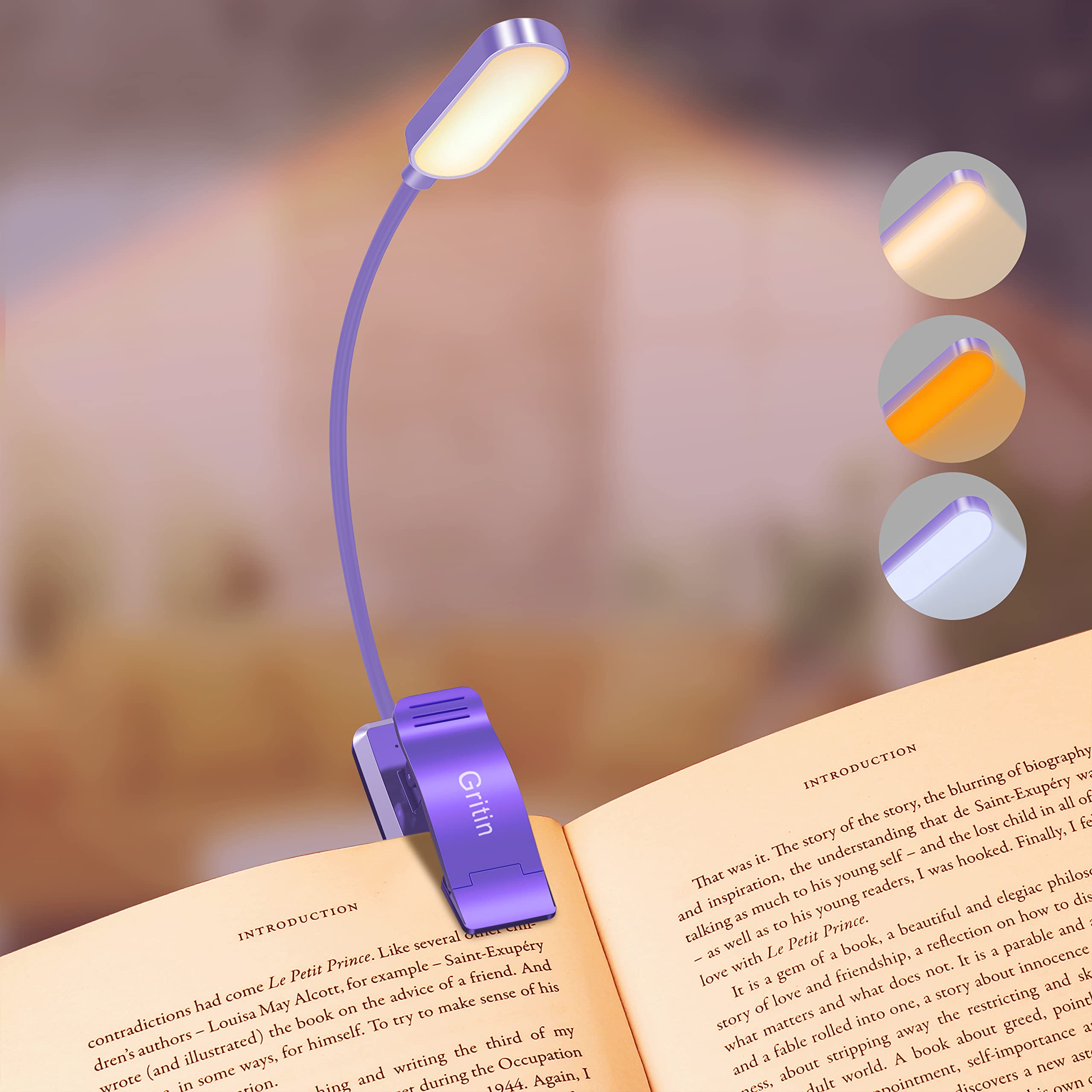 Gritin Rechargeable Book Light - 16 LED, 3 Color Temperatures, Stepless Dimming, 80 Hrs Runtime, Purple, Model G1331
