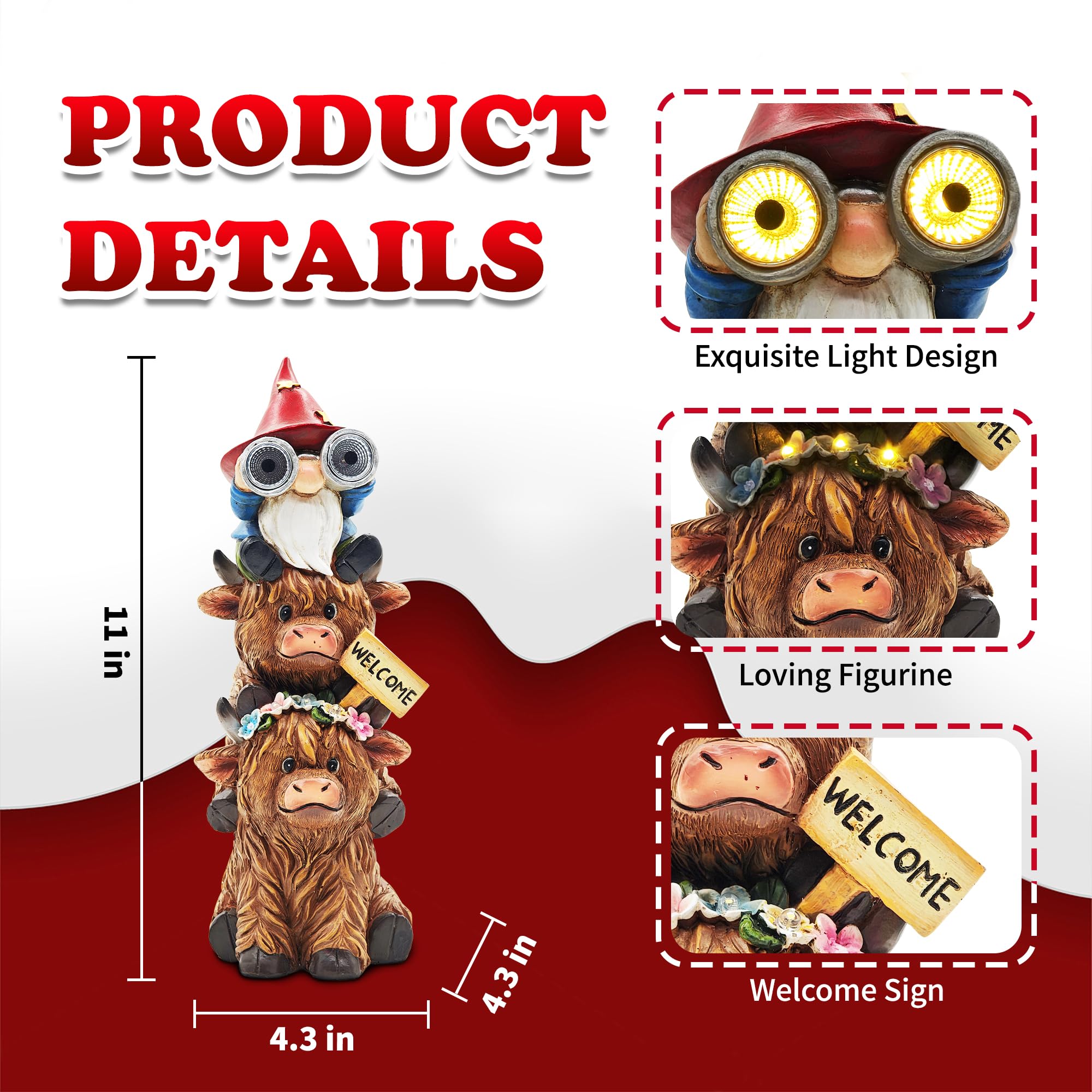 CFFOWNUG Christmas Garden Gnome Statue - 11'' Highland Cow Decor with Solar Light, Brown Resin, CF-Cow001-Telescope
