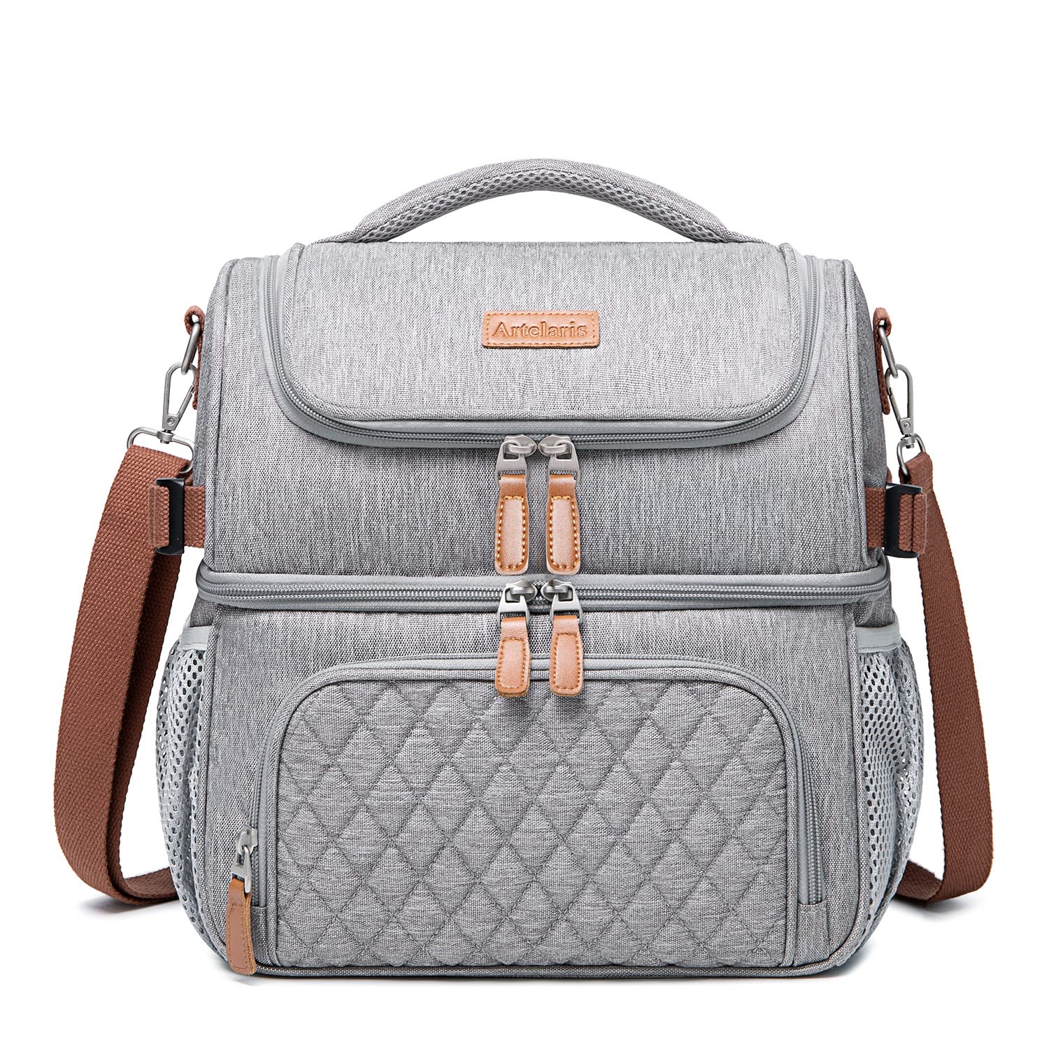 Artelaris Insulated Lunch Bag, Large Double Deck Cooler for Work, Gray, Model M-21055, Dual Compartment with Shoulder Strap