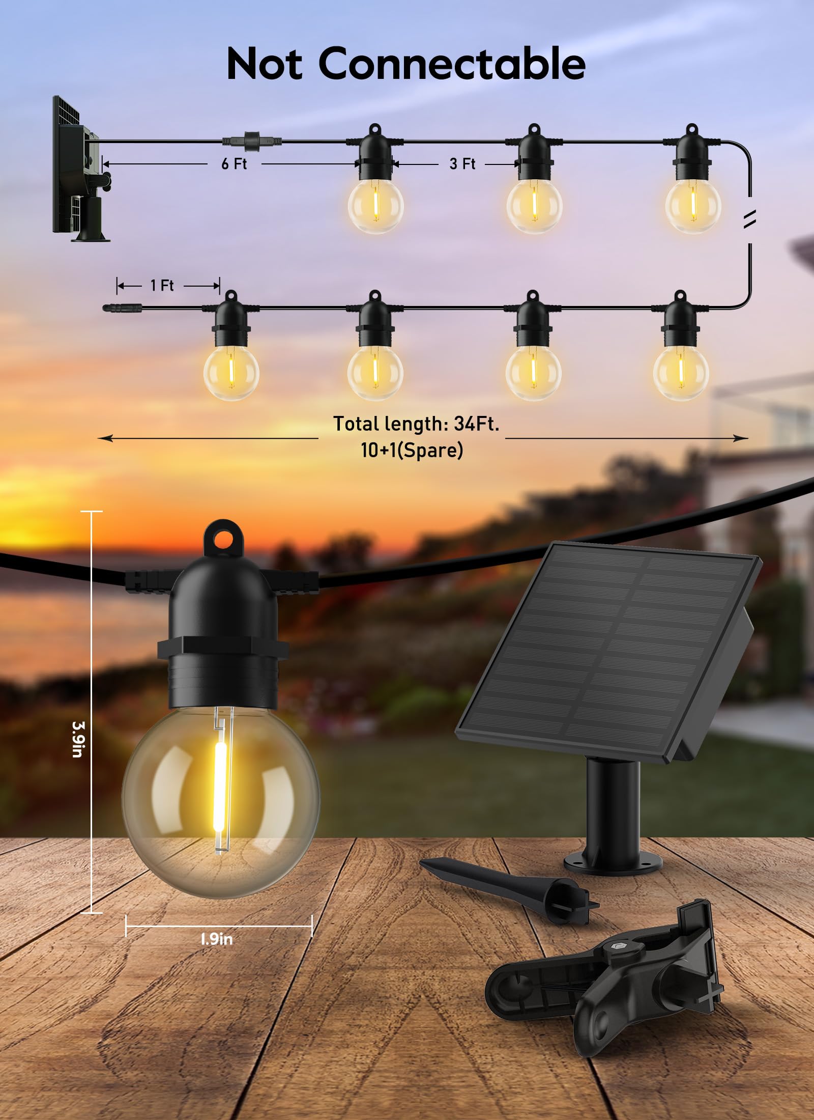 Brightown Outdoor Solar String Lights 34Ft - Led G40 Pro Globe Patio Energy Saving With 11 Shatterproof Bulbs, 3 Light Modes Waterproof Hanging Lights For Christmas Outside Garden Backyard Party Decor
