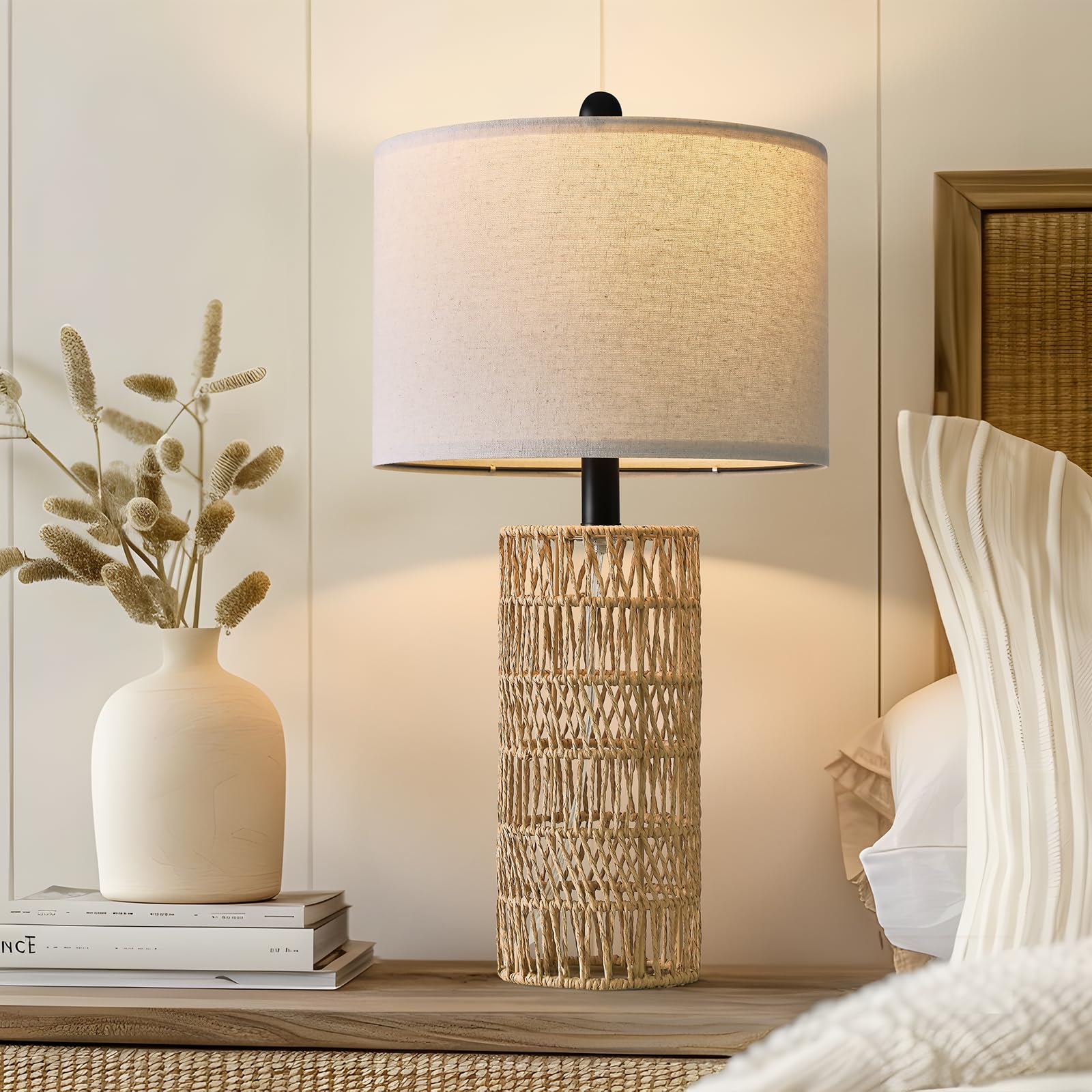OYEARS Boho Table Lamps Set of 2, 22.5" Rattan Design, Brown, Ideal for Living Room and Bedroom Decor, Model AMZ-T121