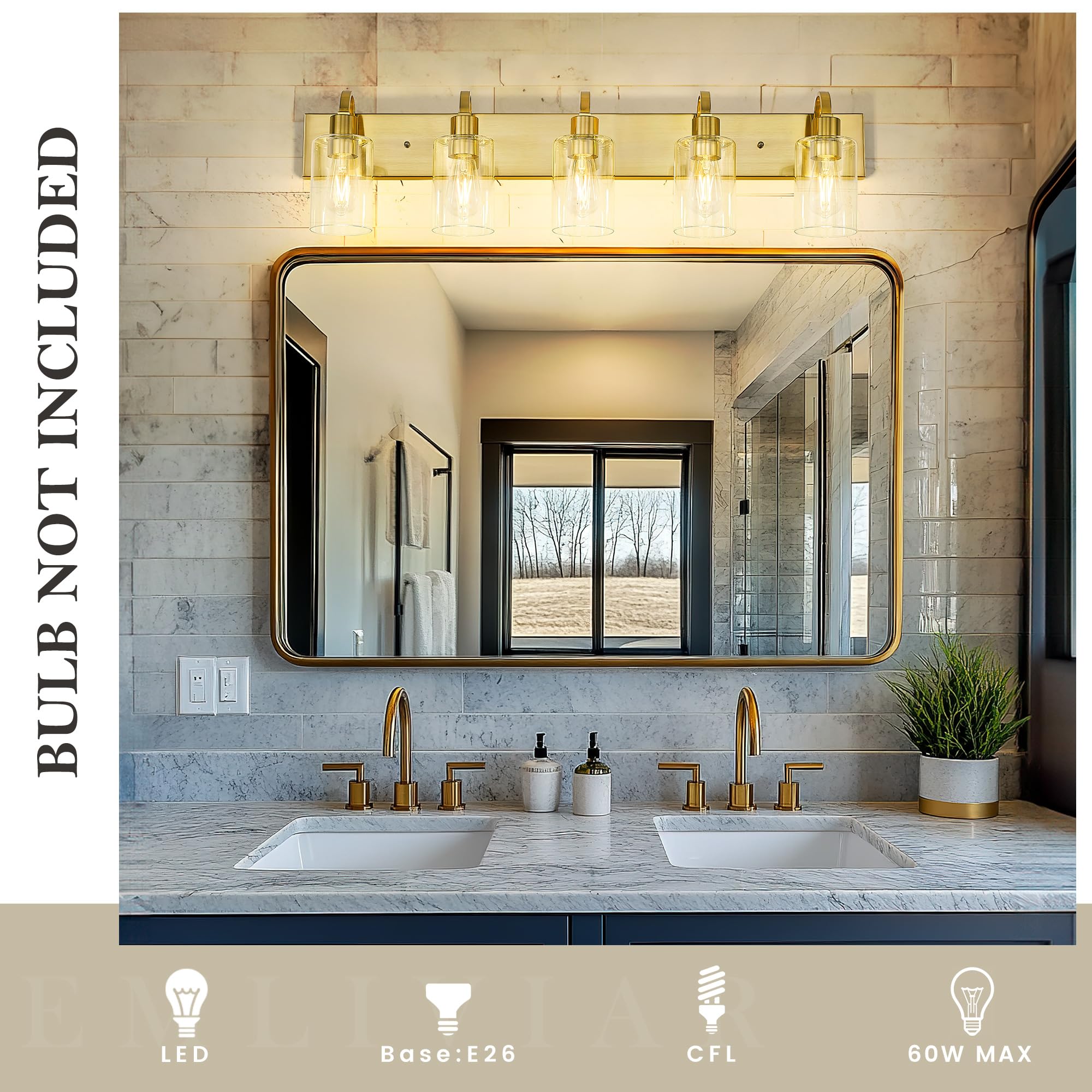 Emliviar 5-Light Vintage Vanity Lighting For Bathroom  37-Inch Wall Mount Light Fixture With Clear Glass Shade  Brushed Gold Finish  Yce237B-5W Bg
