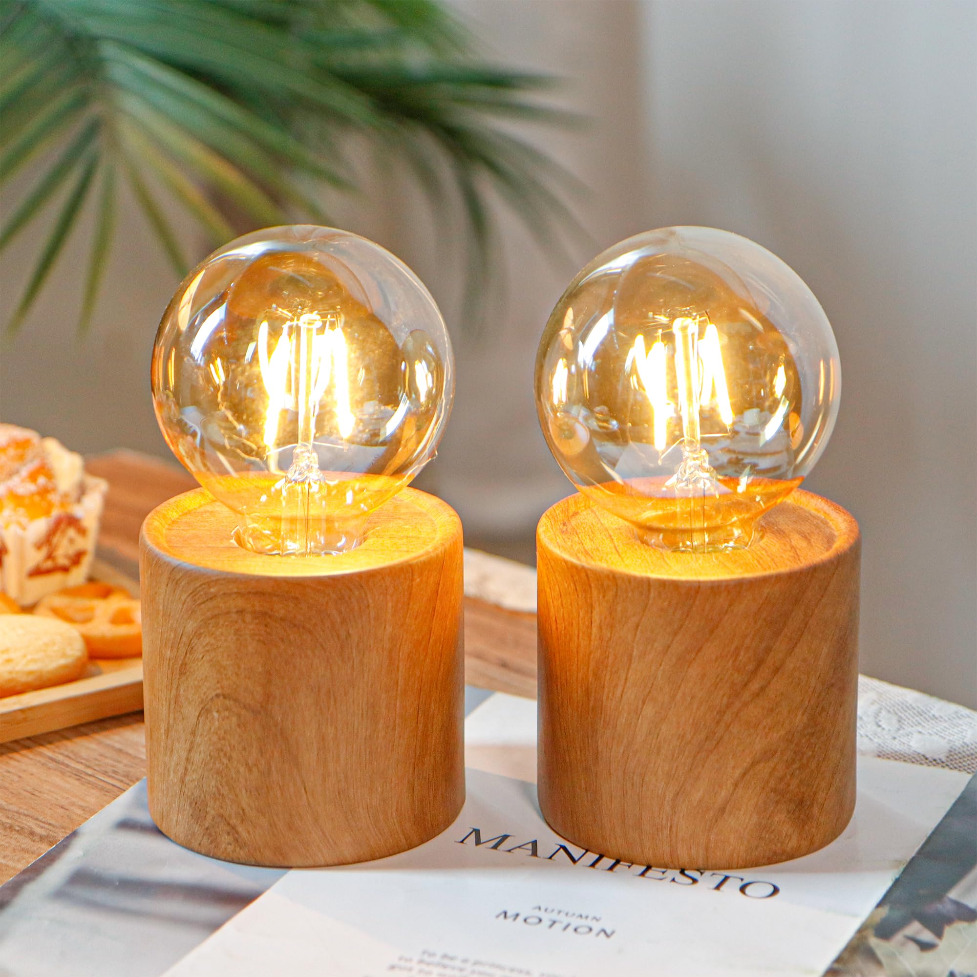 Jhy Design Set Of 4 Wood Grain Table Lamp 6.5 Tall Cordless Lamp Light With Edison Style Bulb And 6 Hours Timer Battery Operated