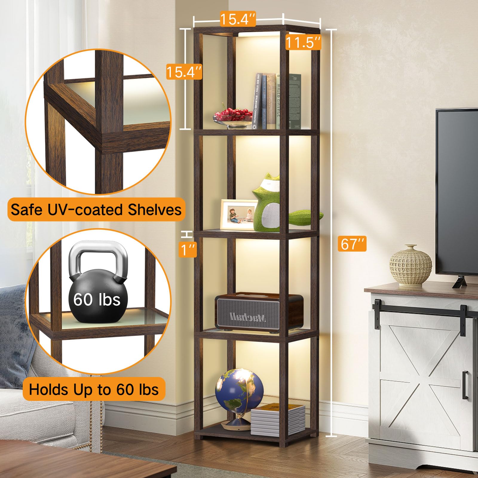 OUTON 67in Glass Display Shelf with Dimmable LED Lamp, 5 Tier Bookshelf, Walnut, Model ZSJ01
