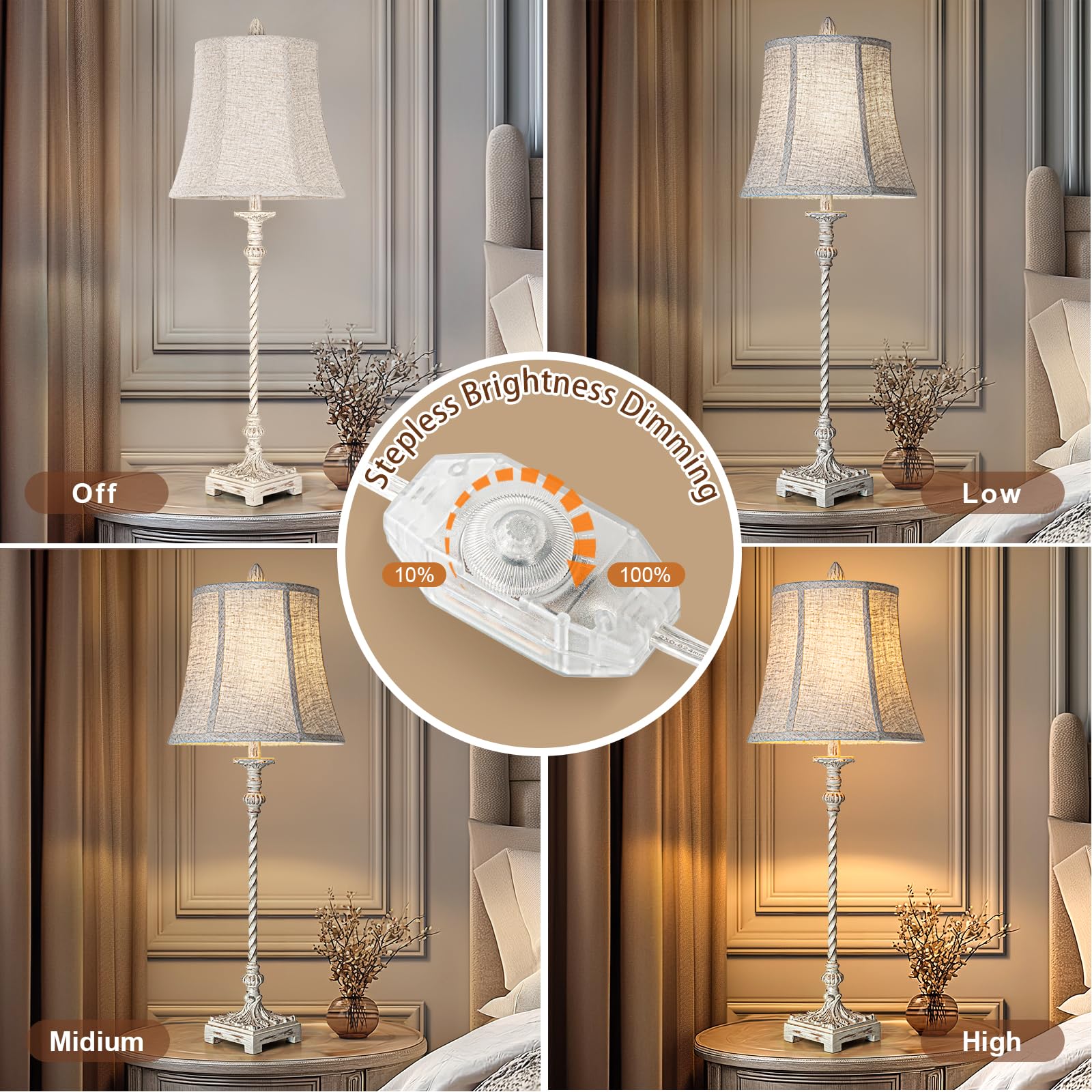 LuxSight Vintage Candle Stick Buffet Table Lamp, 33'' Tall, Ivory White Linen Shade, Stepless Dimming for Living Room & Bedroom