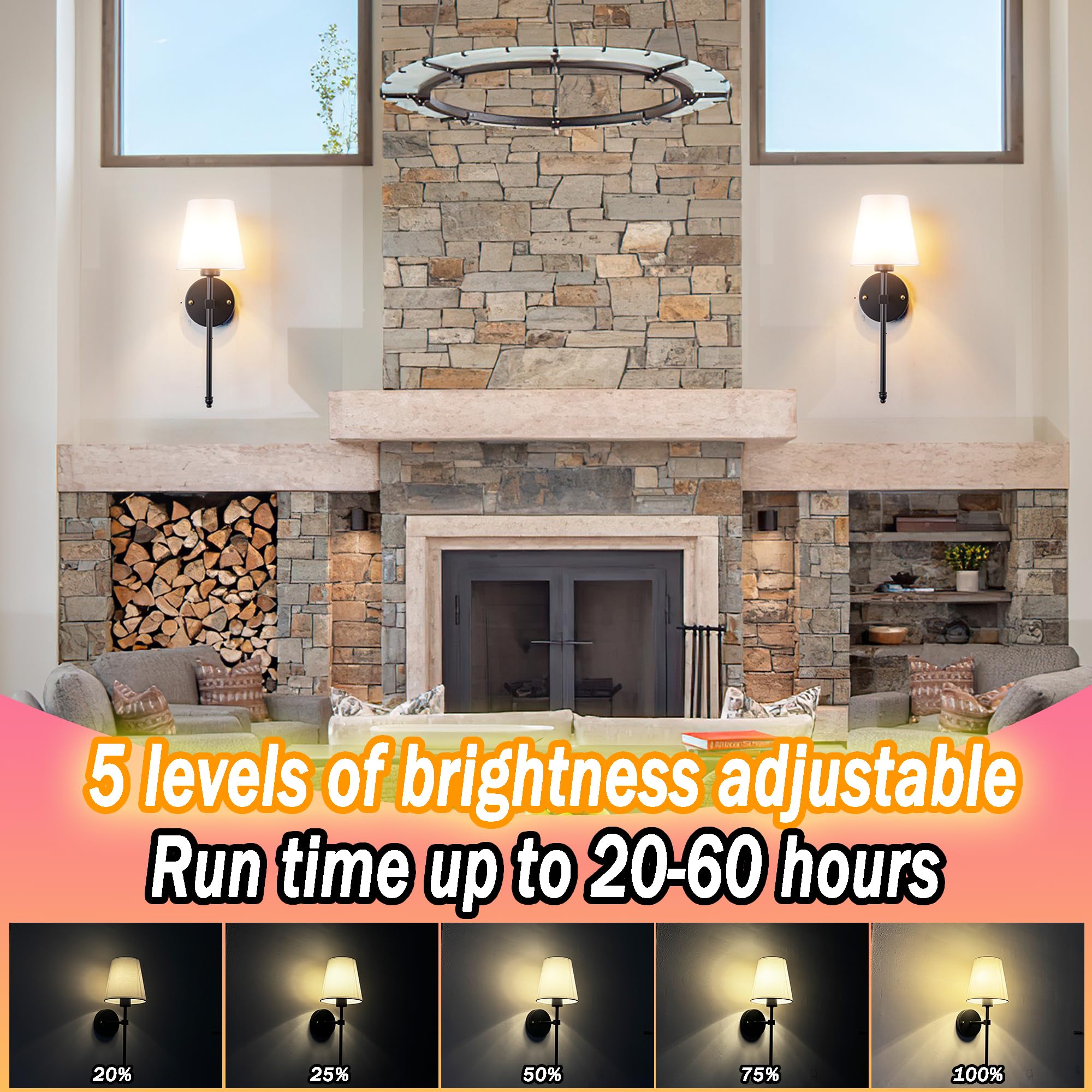 Vimhou Wall Sconces Set of Two, Battery Operated, Wireless, RGB Dimmable, Rechargeable, Black, One Size