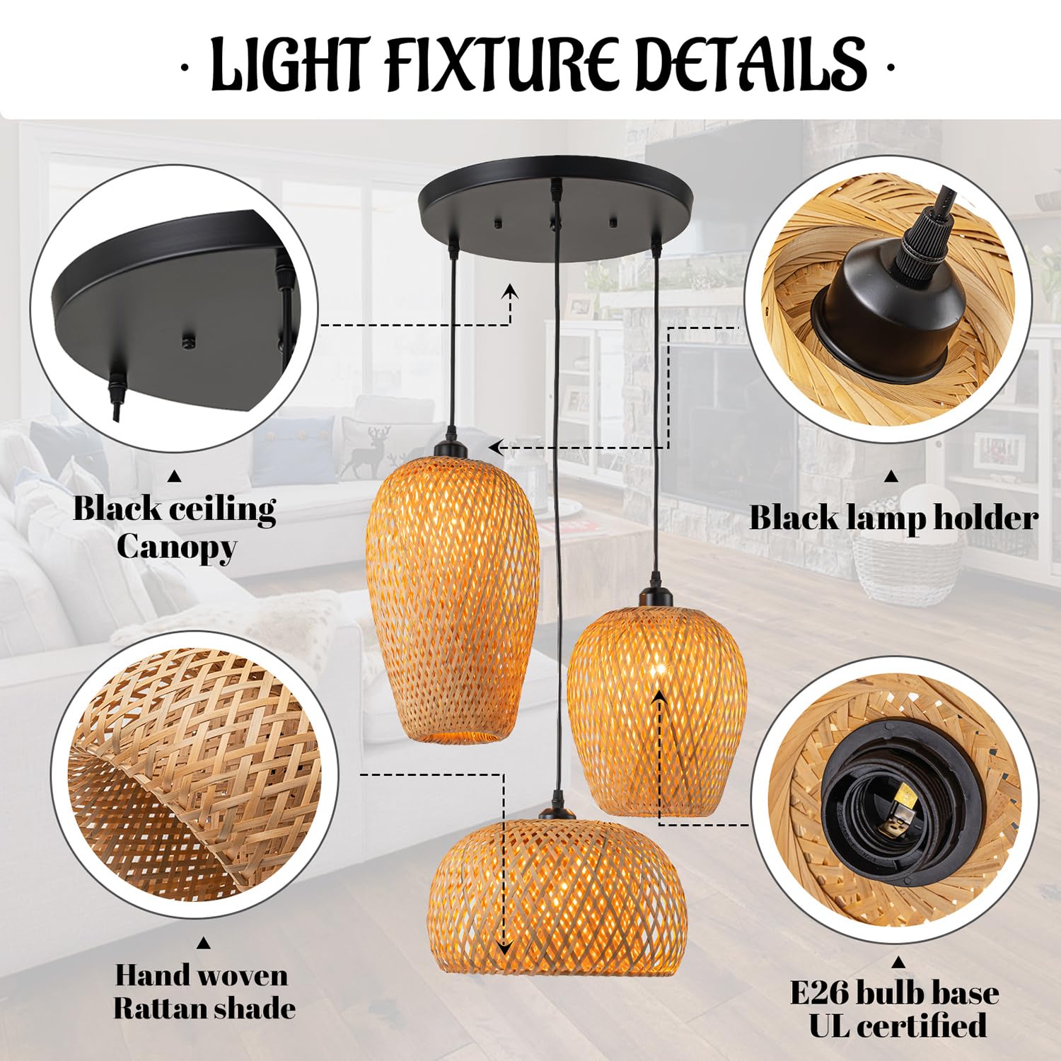 Aoodu Rattan Pendant Light Bamboo Hanging Light 3-Lights Boho Pendant Light Fixture Woven Basket Wicker Shade Rattan Chandelier