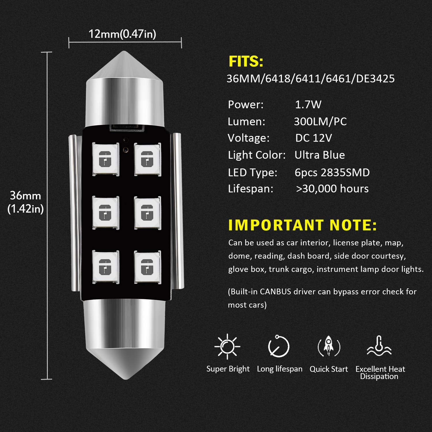 AUXLIGHT Festoon LED Interior Light Bulbs, Ultra Blue, 36MM, Pack of 6, Error Free, 6SMD Chips for Dome, Map, Door, Courtesy, License