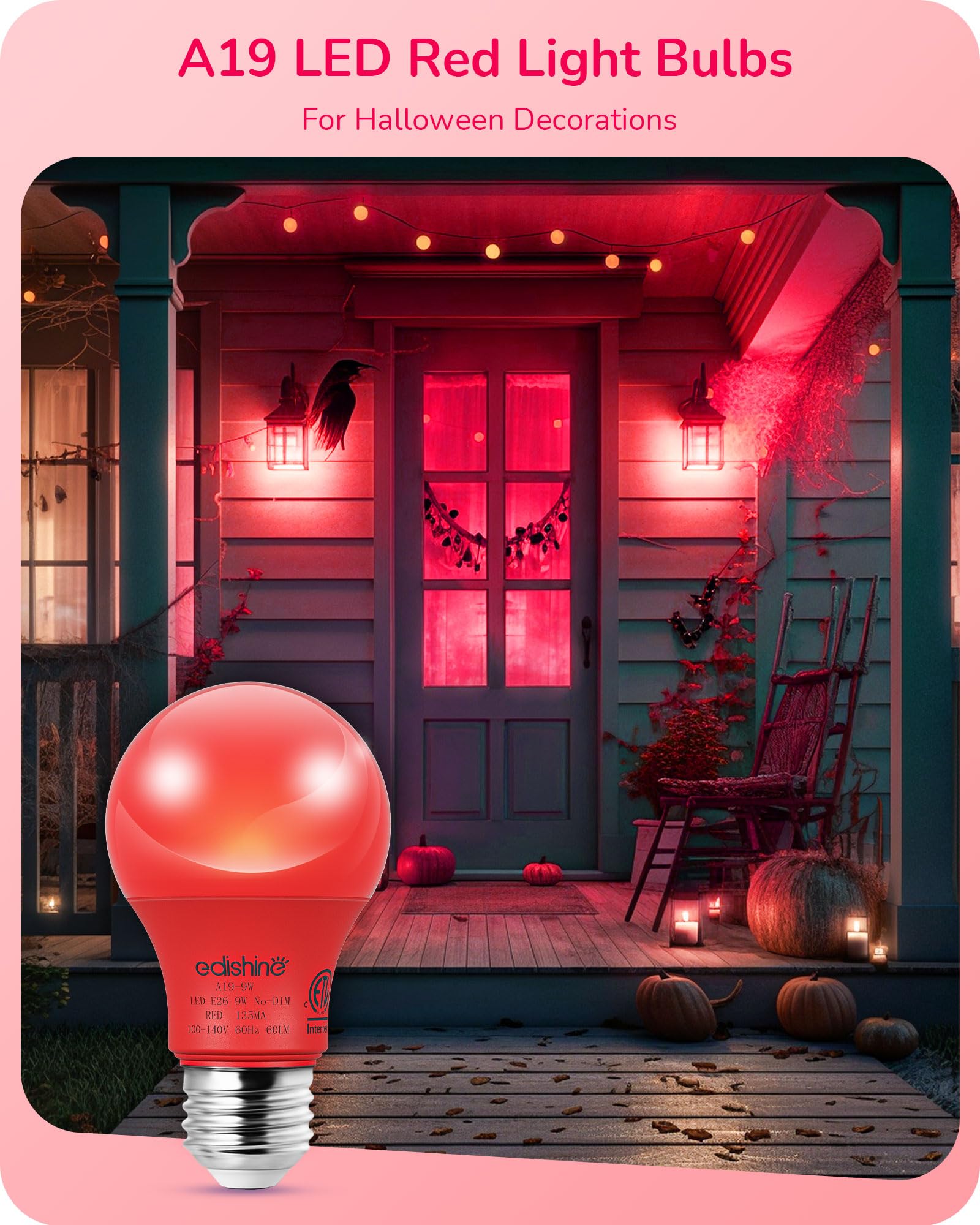 EDISHINE Red Light Bulbs, A19 LED Light Bulb 60W Equivalent, E26 Medium Base, 9W, Red Lights for Bedroom, Christmas Decoration,