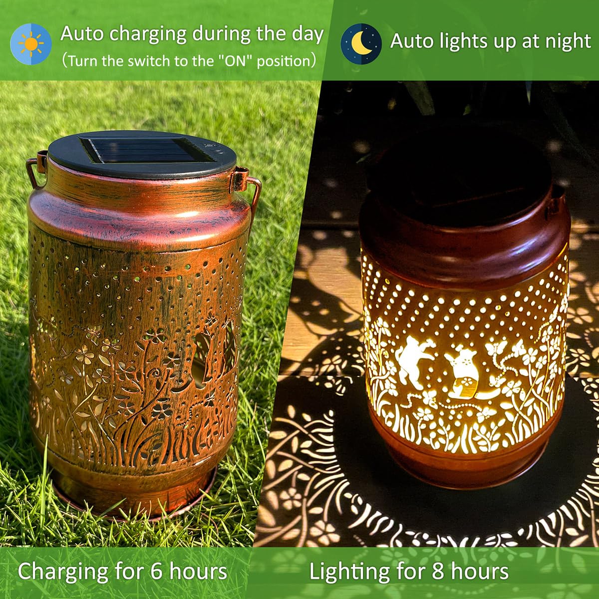 Doesen Cat Solar Lantern - Waterproof Metal Outdoor Light, Bronze, Model SL-MC01, Perfect Gift for Cat Lovers