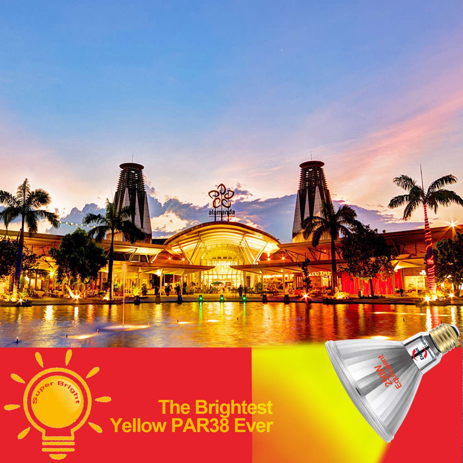Explux High-Intensity LED PAR38 Flood Light Bulb, 250W Equivalent, Waterproof, Dimmable, 2-Pack, Yellow, Model LL25W/PAR38/Yellow/020