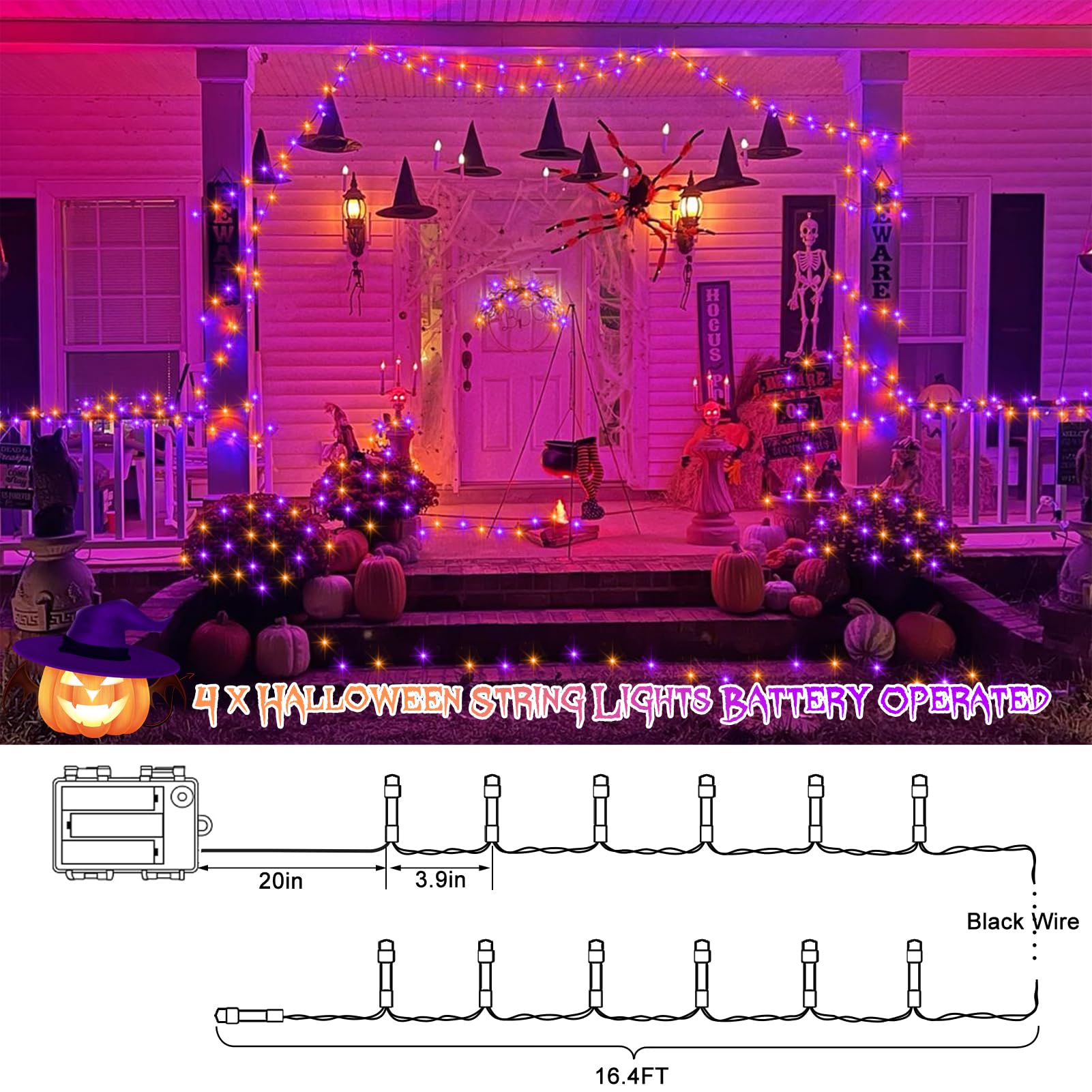 DealBeta Halloween String Lights, 50 LED, Battery Operated, 4 Pack, 16.4Ft Each, Purple & Orange, Model sl-01-3
