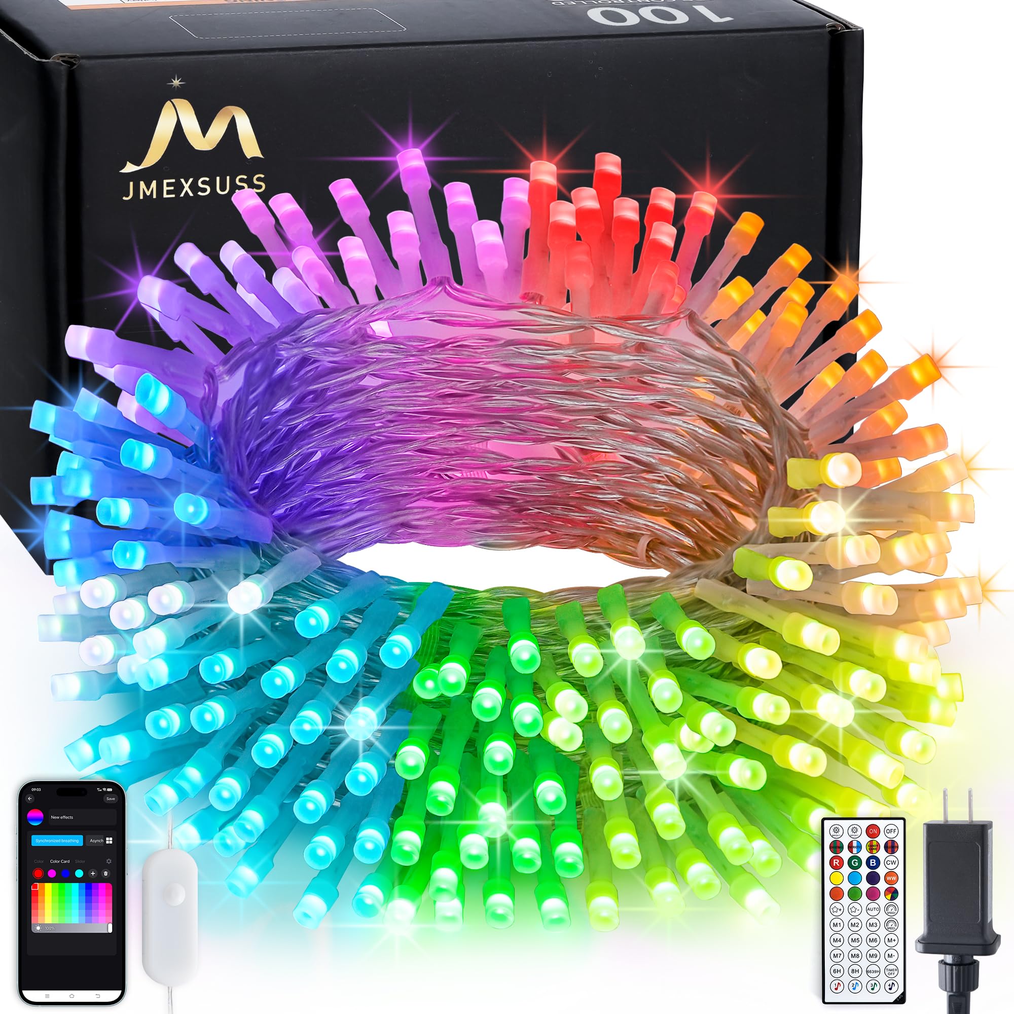 JMEXSUSS LED RGB Christmas Tree Lights, 33ft Smart Color Changing, Indoor/Outdoor with Remote & APP, Clear Wire, Model EXS-S-0100