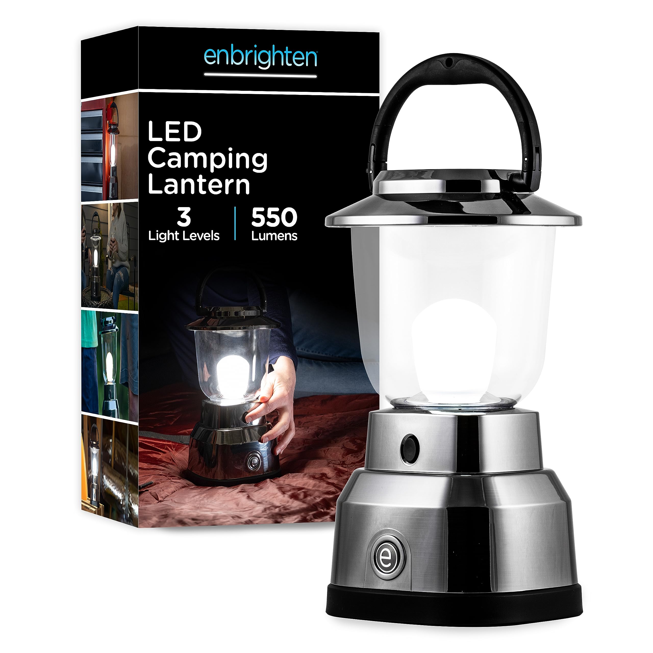 Enbrighten Brushed Nickel Led Camping Lantern, Battery Powered, 550 Lumens, 280 Hour Runtime, Carabiner Handle, Hiking Gear, Eme