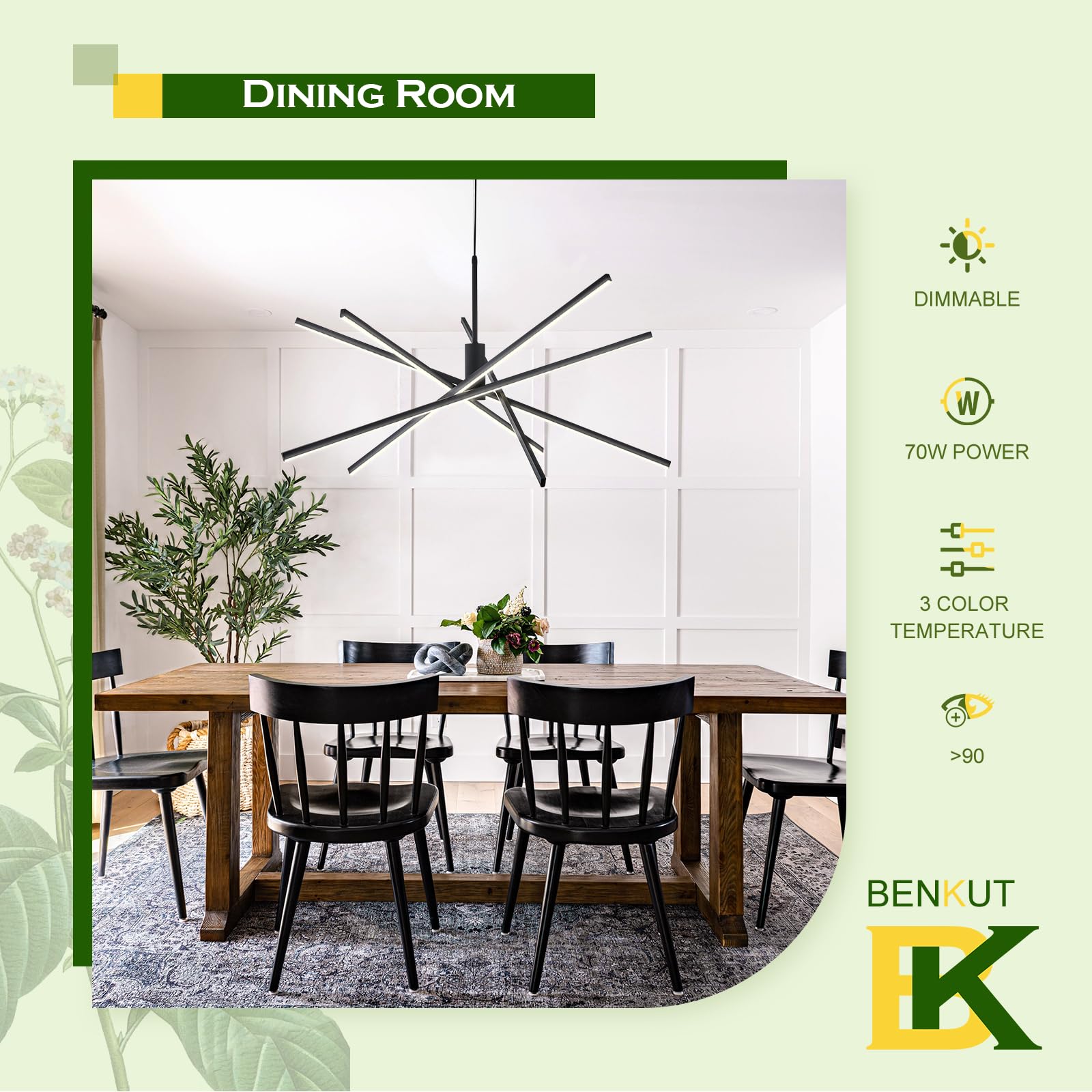 Benkut Gold LED Chandelier Dimmable Modern Pendant Light Fixture 35 Remote Control 60W 3000K-6500K for Dining Room, Living Room,