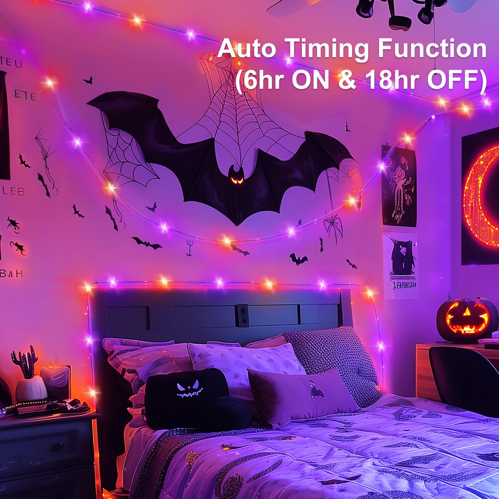 Minetom 2 Pack Halloween Lights Battery Operated, Total 80Ft 200 Led Rope Lights Outdoor, Halloween String Lights With Timer, 8 Mode, Battery Rope Lights For Outside Bedroom Indoor, Orange And Purple