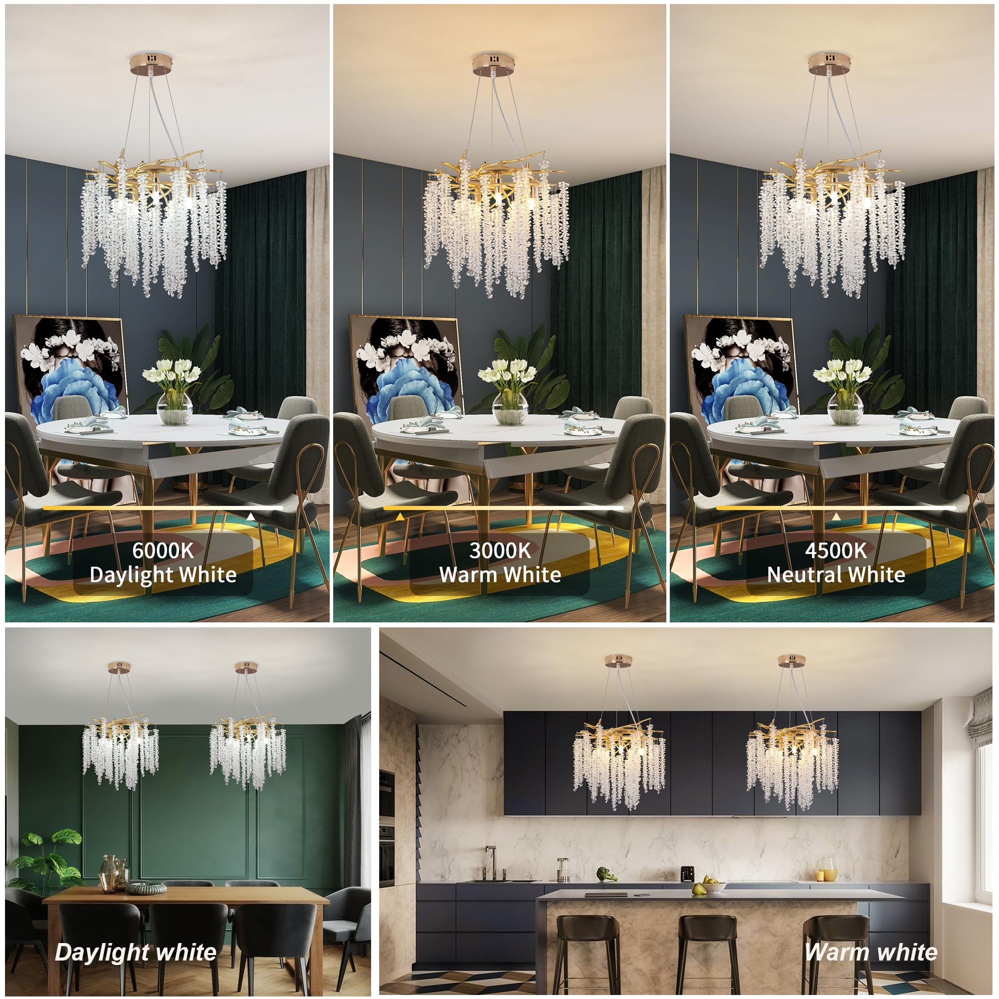 Puvaue 8-Light Raindrop Crystal Pendant Chandelier Round D15.8in Gold, Aluminum/Iron, Luxury Ceiling Light for Dining Room/Bedroom