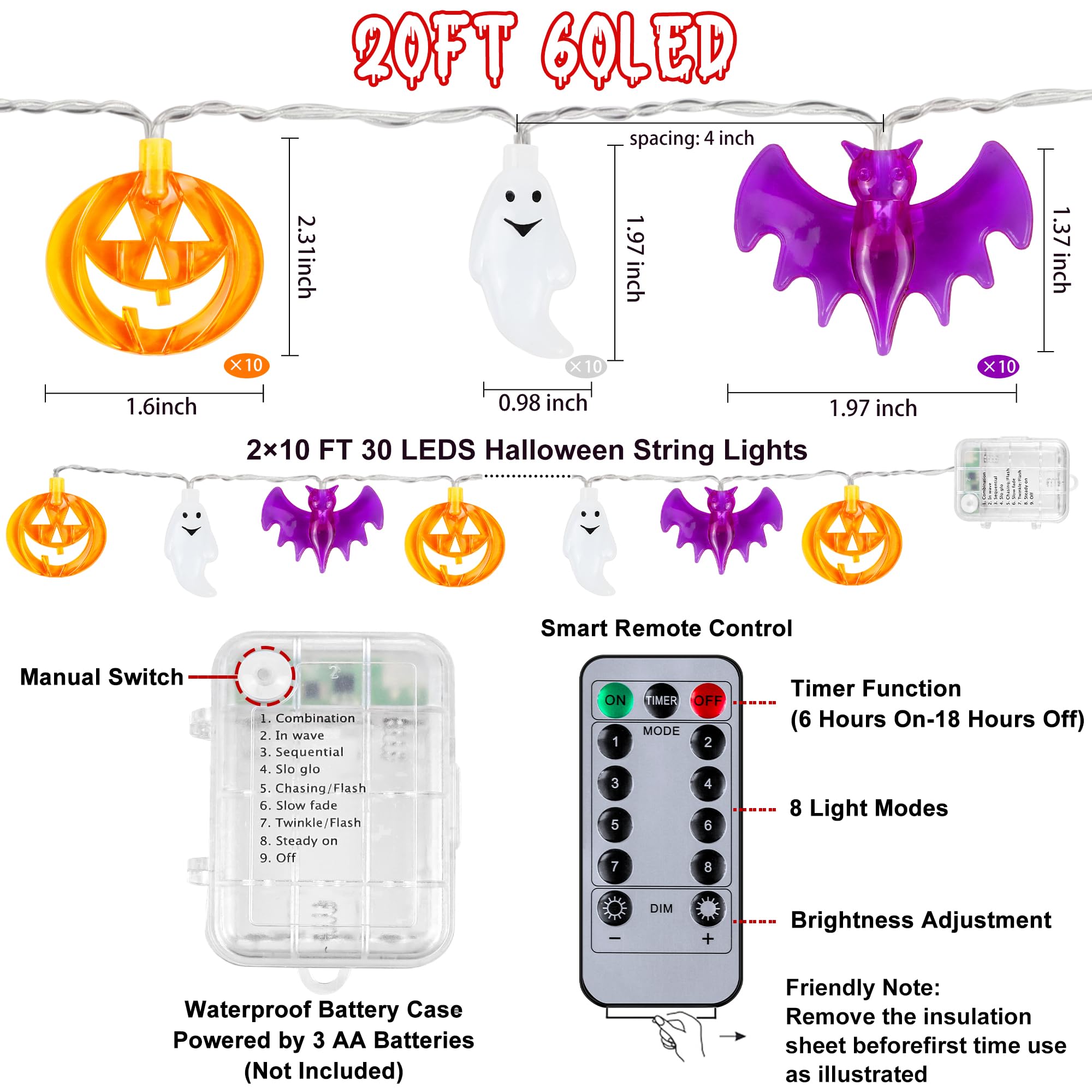 [Timer] 2 Pack Halloween Lights Indoor Outdoor, 20Ft 60 Led Pumpkin Bat Ghost Battery Operated String Lights, 8 Lighting Modes Waterproof Halloween Decorations Lights For Home Party Decor