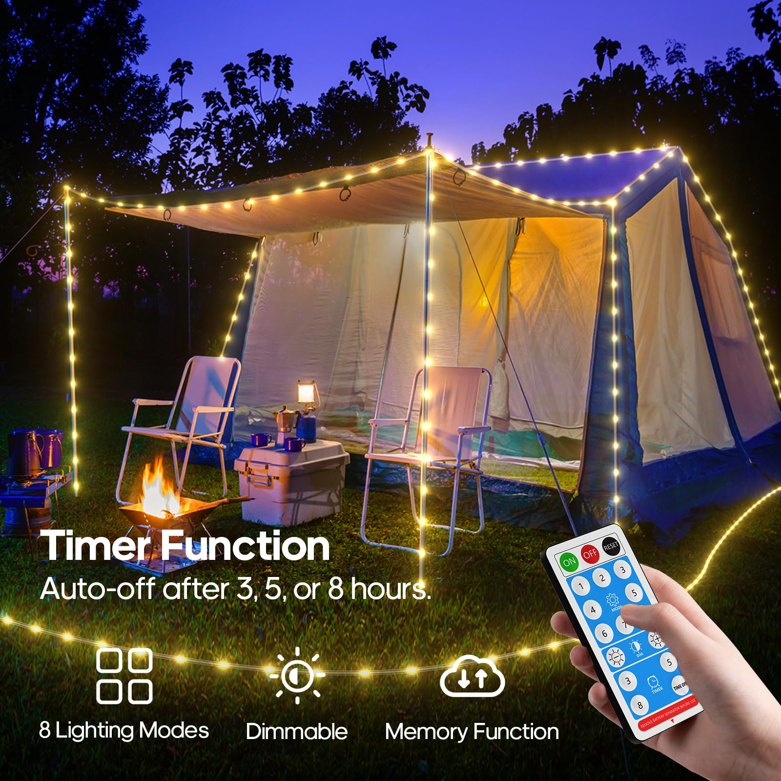 ICRGB Solar Rope Lights, 66FT 200 LED, IP67 Waterproof, 8 Modes, Warm White, Model Solar - 3, Decorative for Outdoor Use
