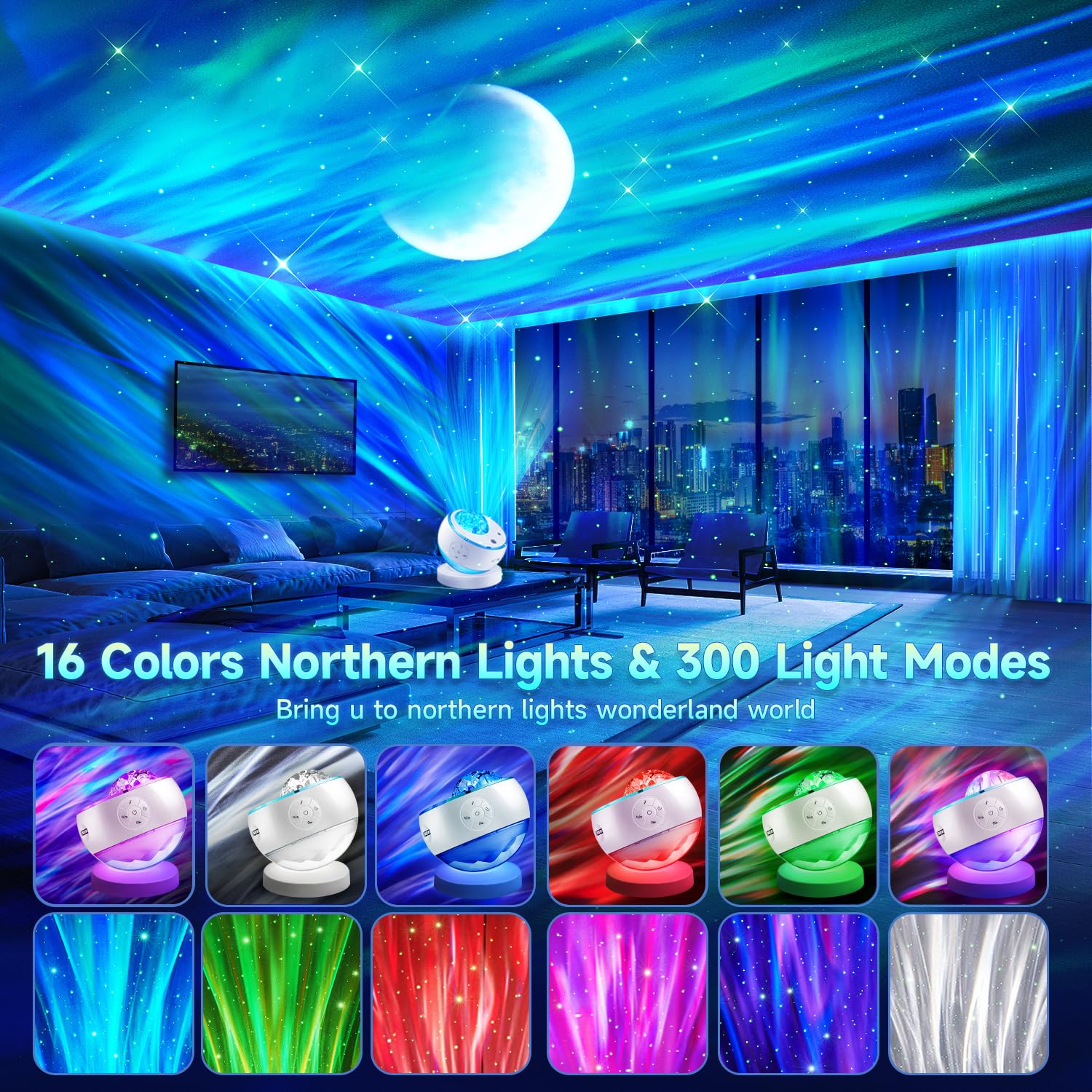 Galaxy Projector For Bedroom,16Color Northern Lights Projector,15White Noise Galaxy Light Projector,5Moon Star Projector,Bluetoo