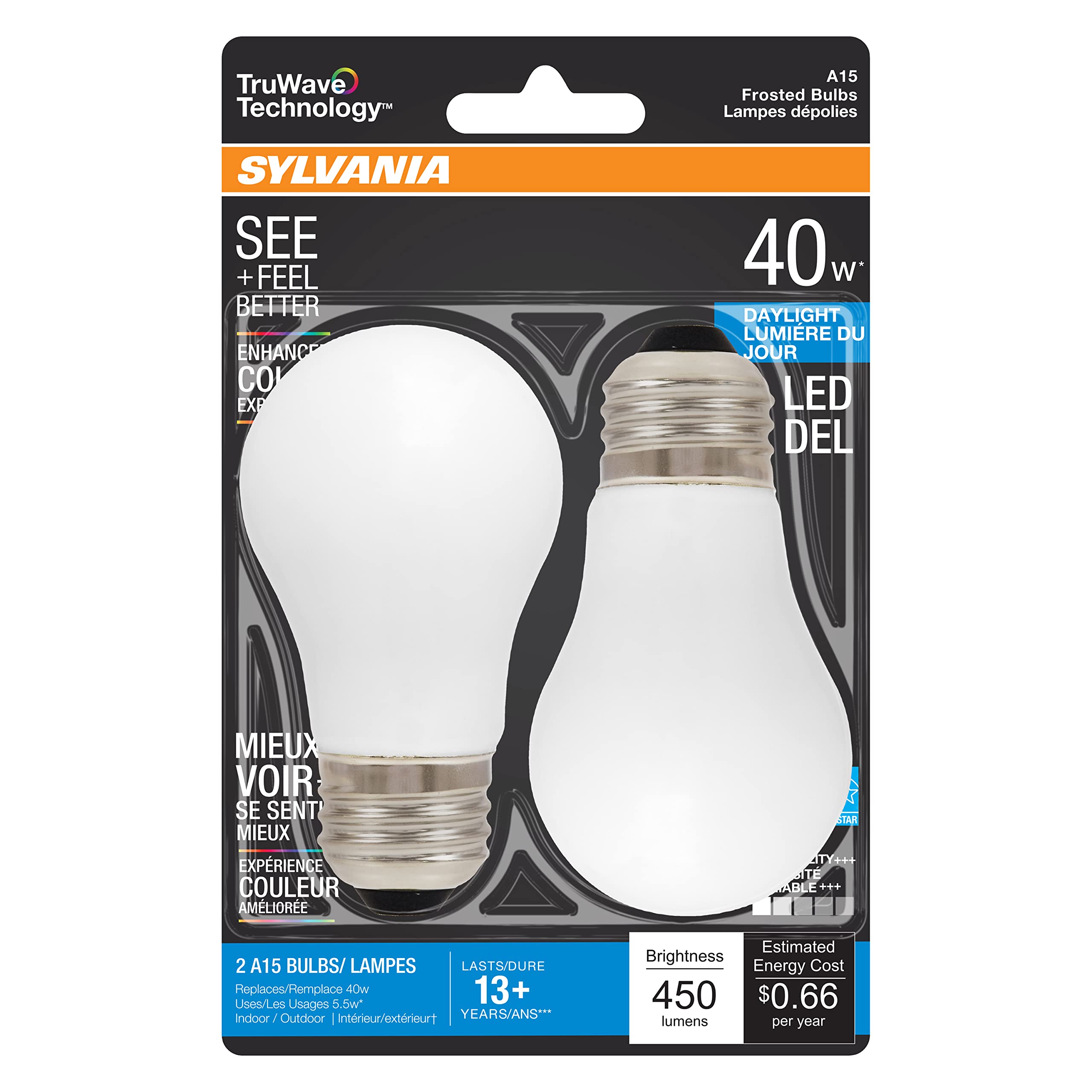 LEDVANCE SYLVANIA LED Ceiling Fan Light Bulb, Dimmable Frosted 40W A15, Daylight, 2 Count, Model 40775
