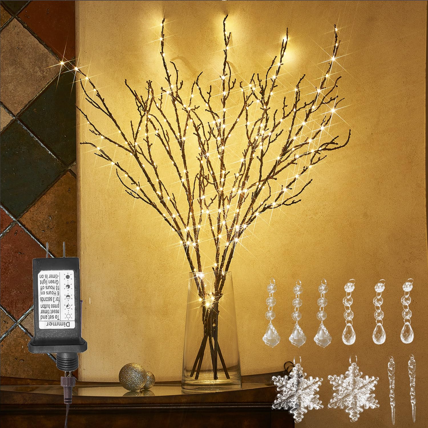 LITBLOOM Lighted Brown Willow Branches 200 Fairy Lights 32IN Plug in with Timer and Dimmer, Tree Branch with Lights for Home Hol