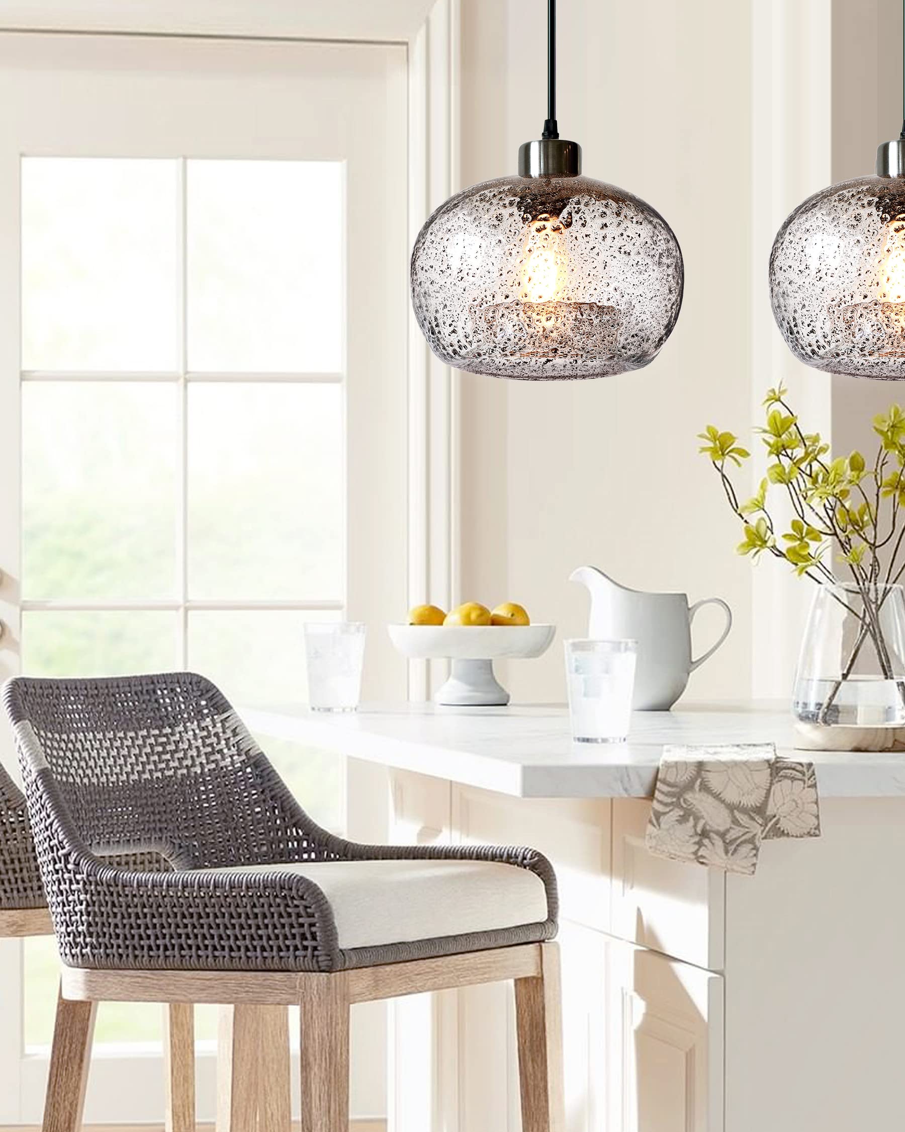 CASAMOTION Pendant Lights - 9" Hand Blown Glass Globe - Marble Clear - 2 Pack for Kitchen Island & Dining Room