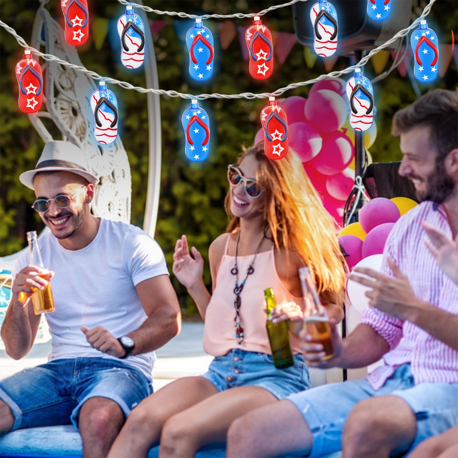 Couah Summer Lights Slipper String Lights, 8.5Ft 3D Flip Flop Party Red White Blue Lights With 10 Led For Indoor Outdoor Party P