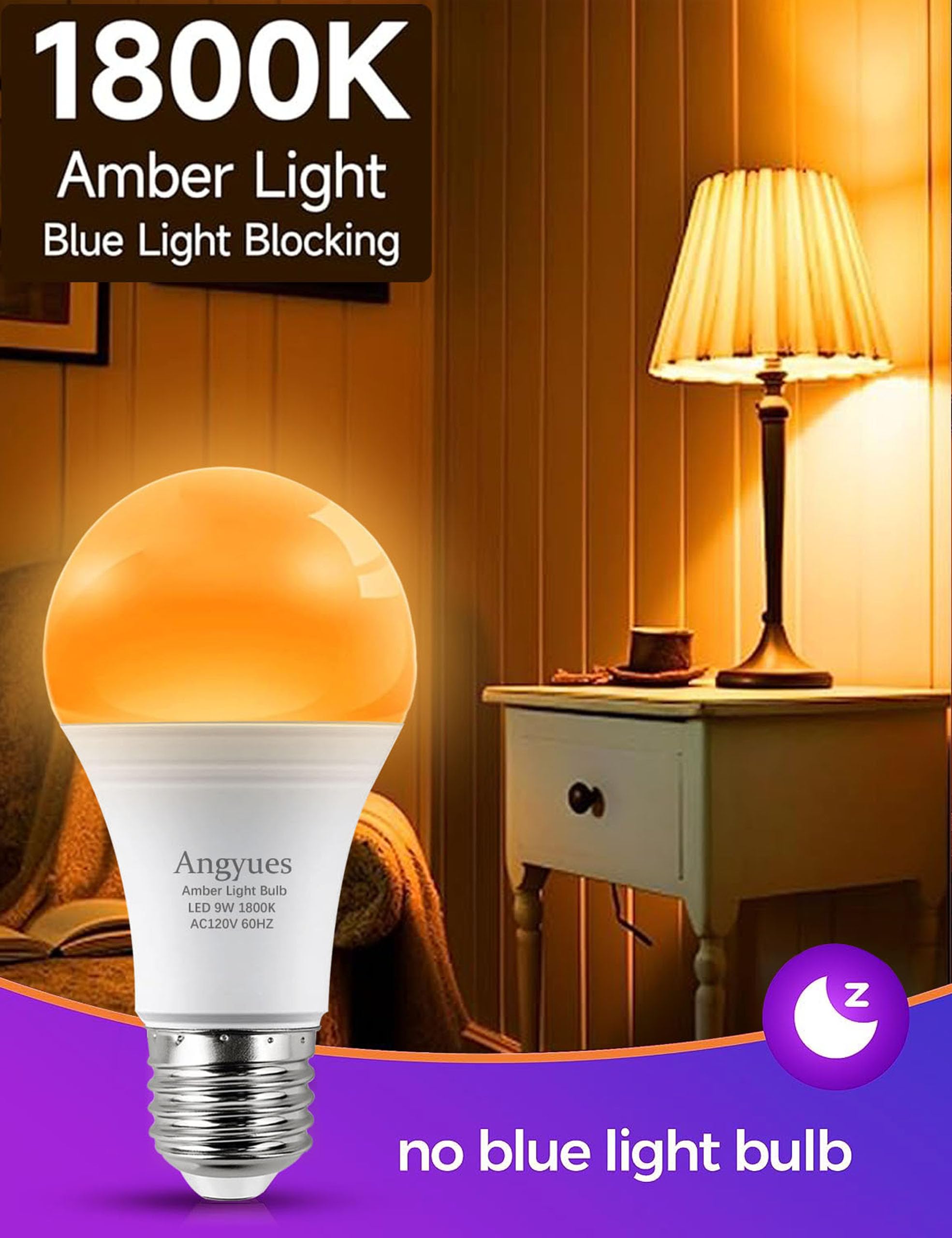 Angyues Amber Sleep Light Bulbs Dimmable, Blue Light Blocking, A19 E26 9W(60 Watt Equivalent) Dim Light Bulbs For Lamp,1800K War