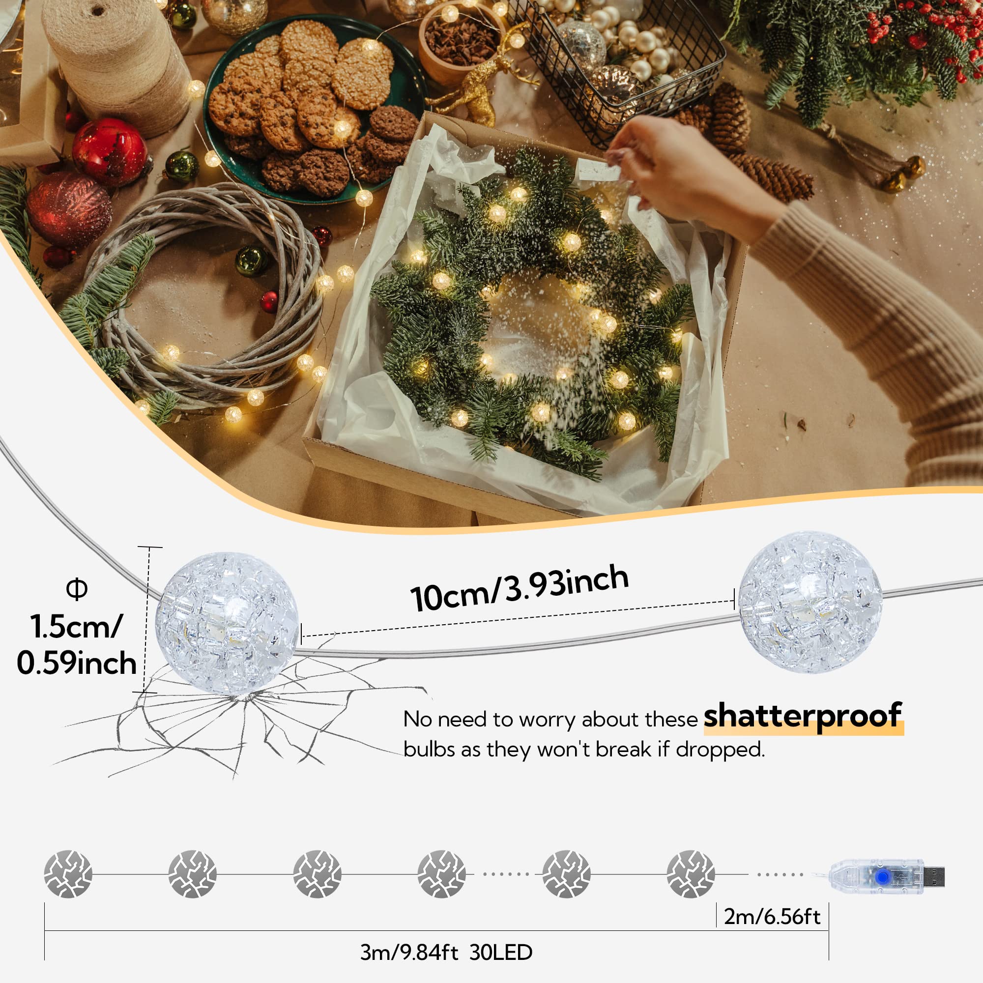 BEEWIN 10FT Globe String Lights, 30 LED Warm White USB Fairy Lights, 8 Modes, Indoor/Outdoor, Decorative for Weddings, Parties, and Gardens