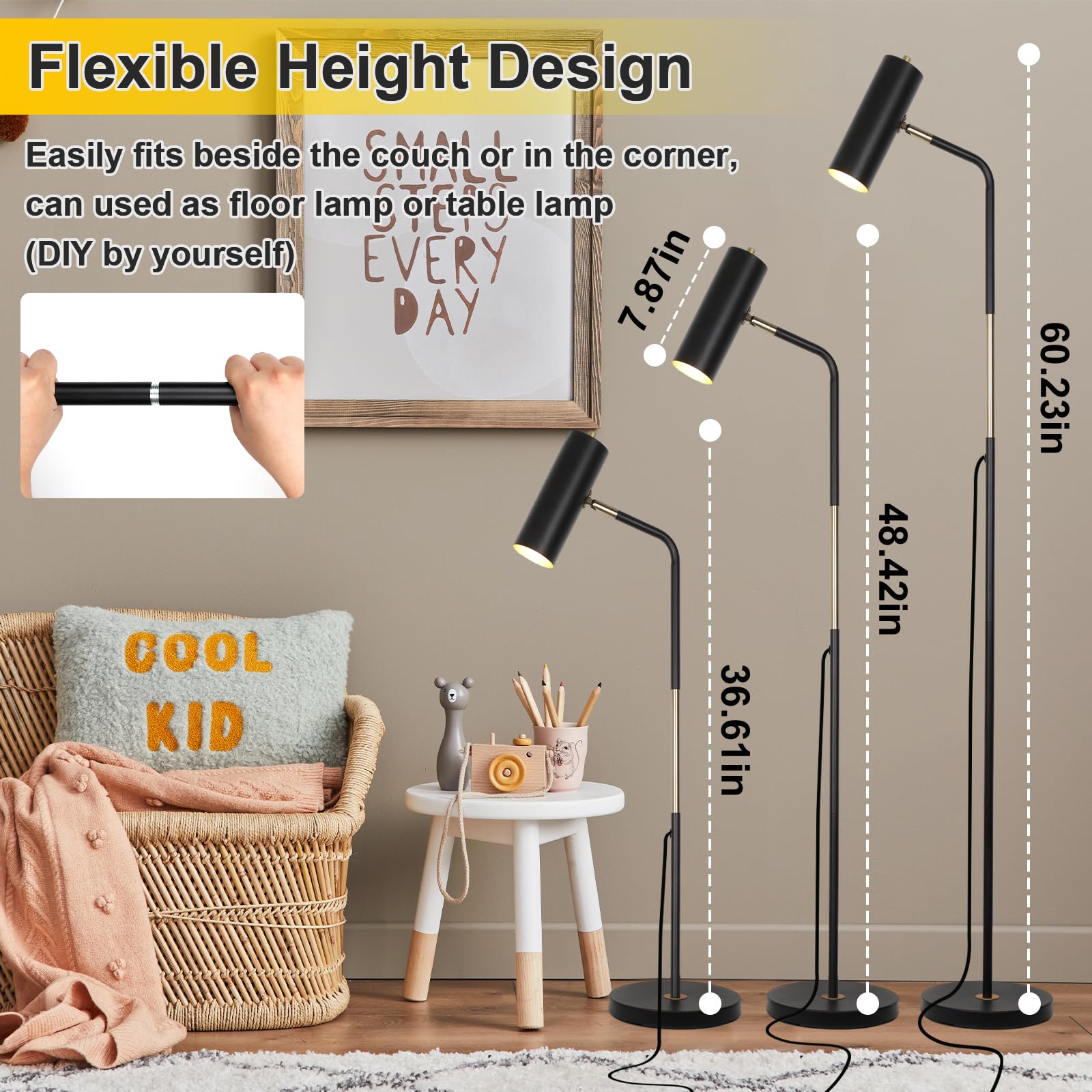 LALISU Industrial Floor Lamp - Rustic Metal Reading Lamp, Adjustable Heads, LED Black for Living Room & Office Home Décor
