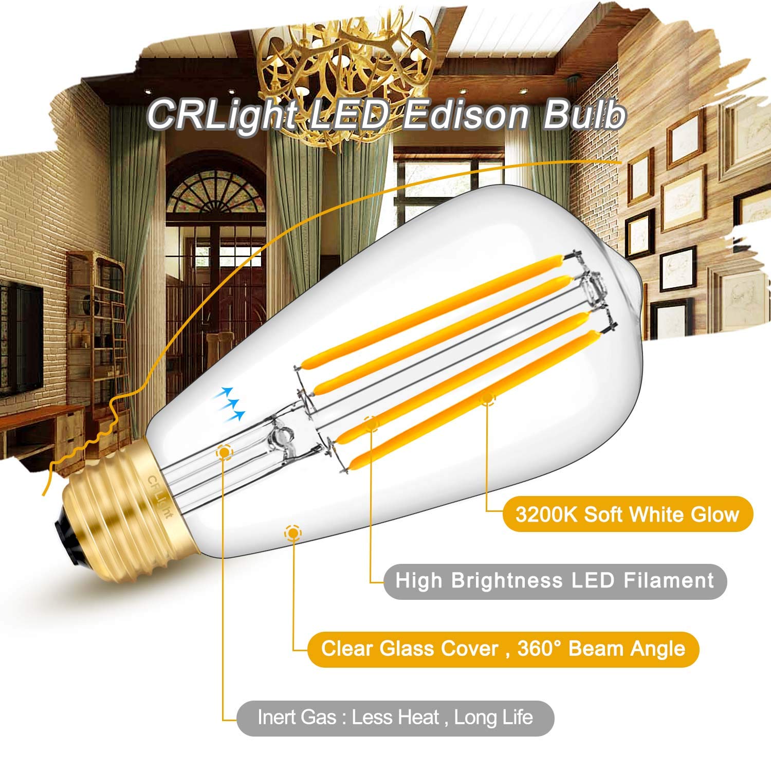 Crlight 8W Dimmable Led Edison Bulb, 80W Equivalent, Soft White 3200K, 6 Pack
