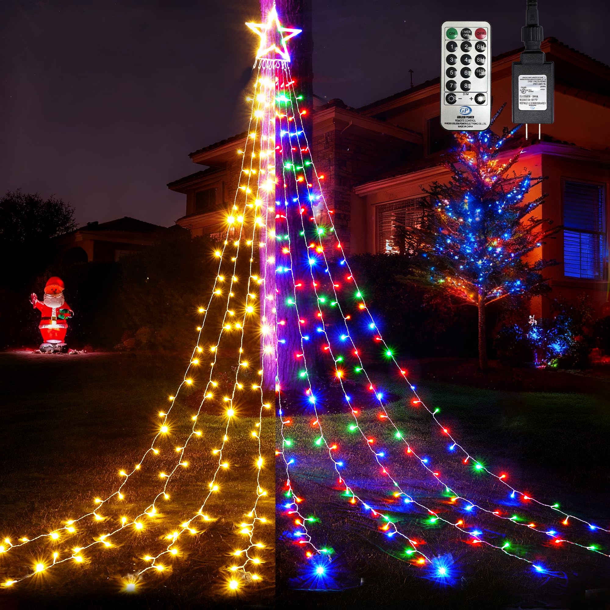 WBao Outdoor Christmas Decorations with Star Topper, 344 LED 11.9ft Color Changing Christmas Lights, Remote Control 11 Modes, Ti