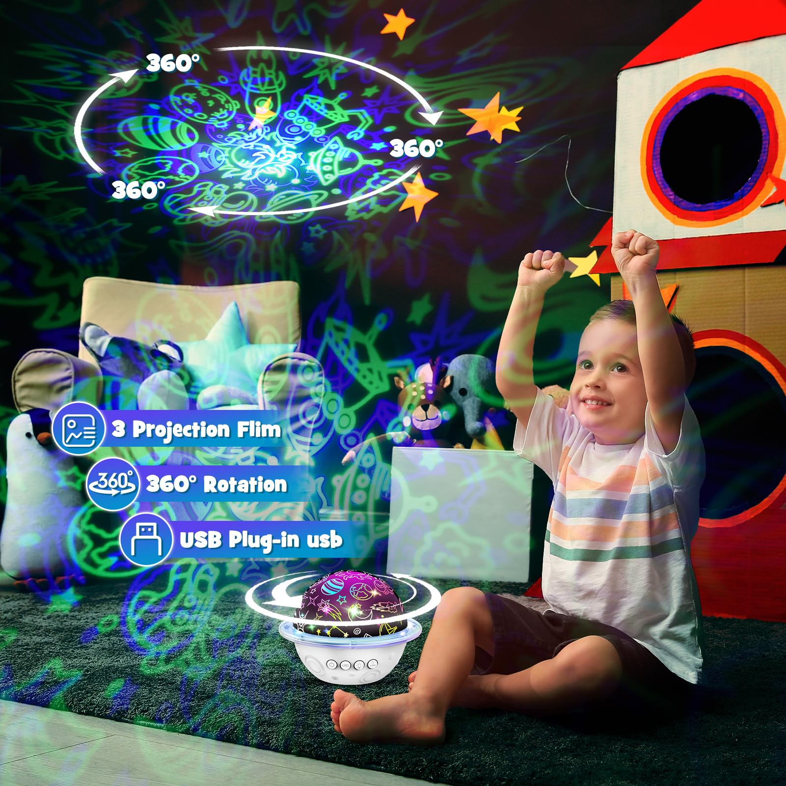 DEVRNEZ Night Light Lamp for Kids Room, 4 in 1 Dinosaur & Universe Projector, White, Model 007