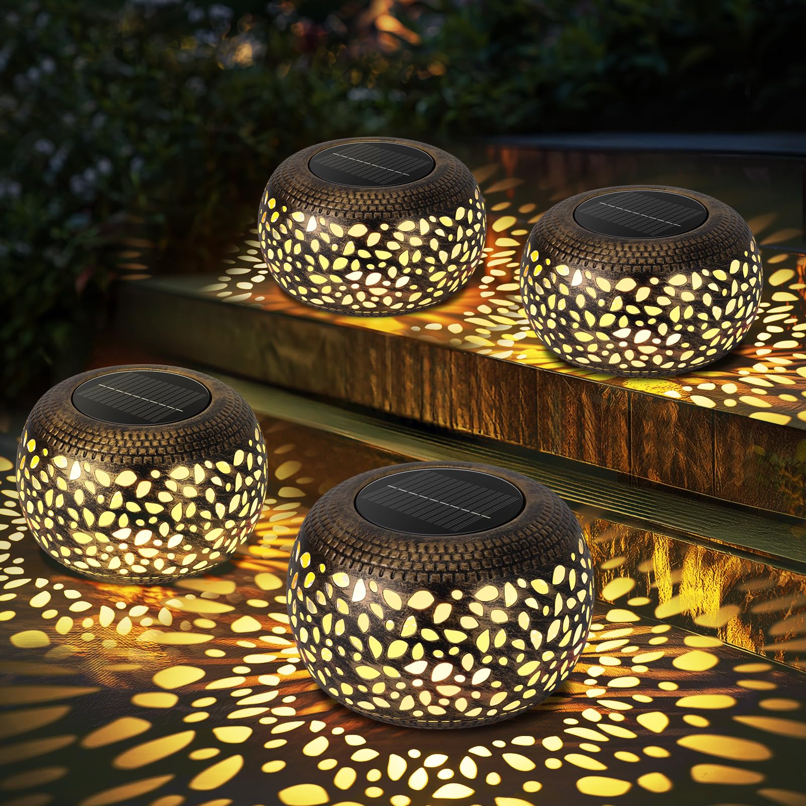 Solar Lantern Outdoor Patio Decor: 4 Pack Solar Lanterns Outdoor Waterproof, Hollow Out Retro Metal Solar Lights, Yard Porch Gar
