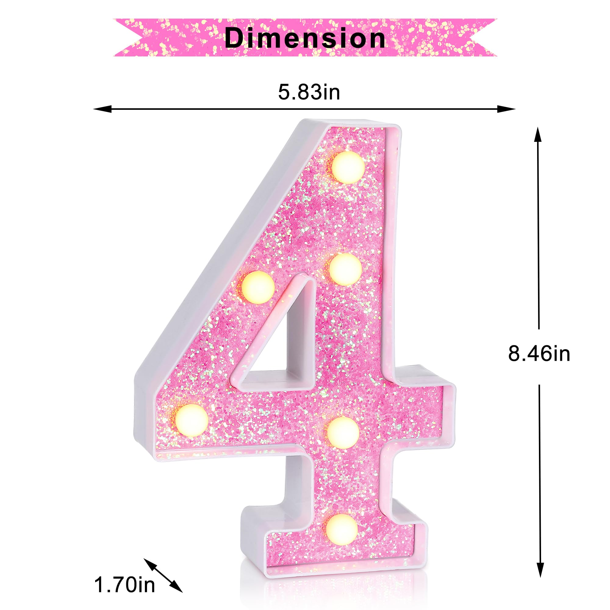 Foaky Led Letter Lights Sign Light Up Pink Letters Glitter Alphabet Letter Sign For Night Light Wedding/Birthday Party Christmas Lamp Girls Gifts,Number 4, 4Th 24 40Th Birthday Decoration (4)