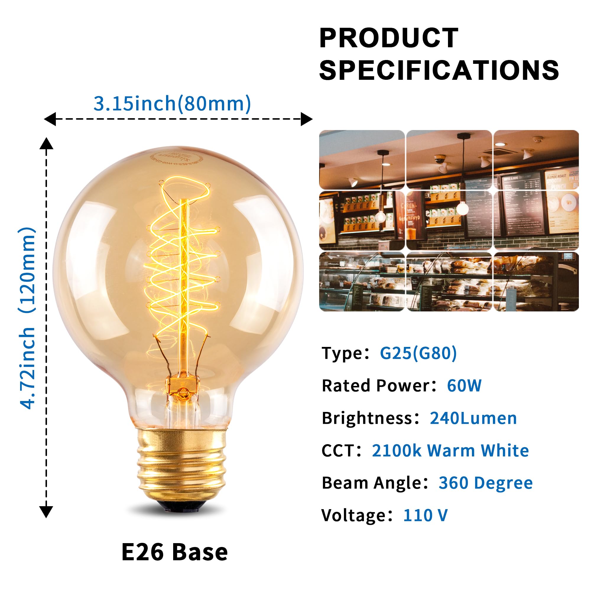 New Lights G25 Globe Edison Light Bulb, 60W Vintage Round Edison Bulb, Vintage Light Bulb, Old Fashion Dimmable Retro Incandesce