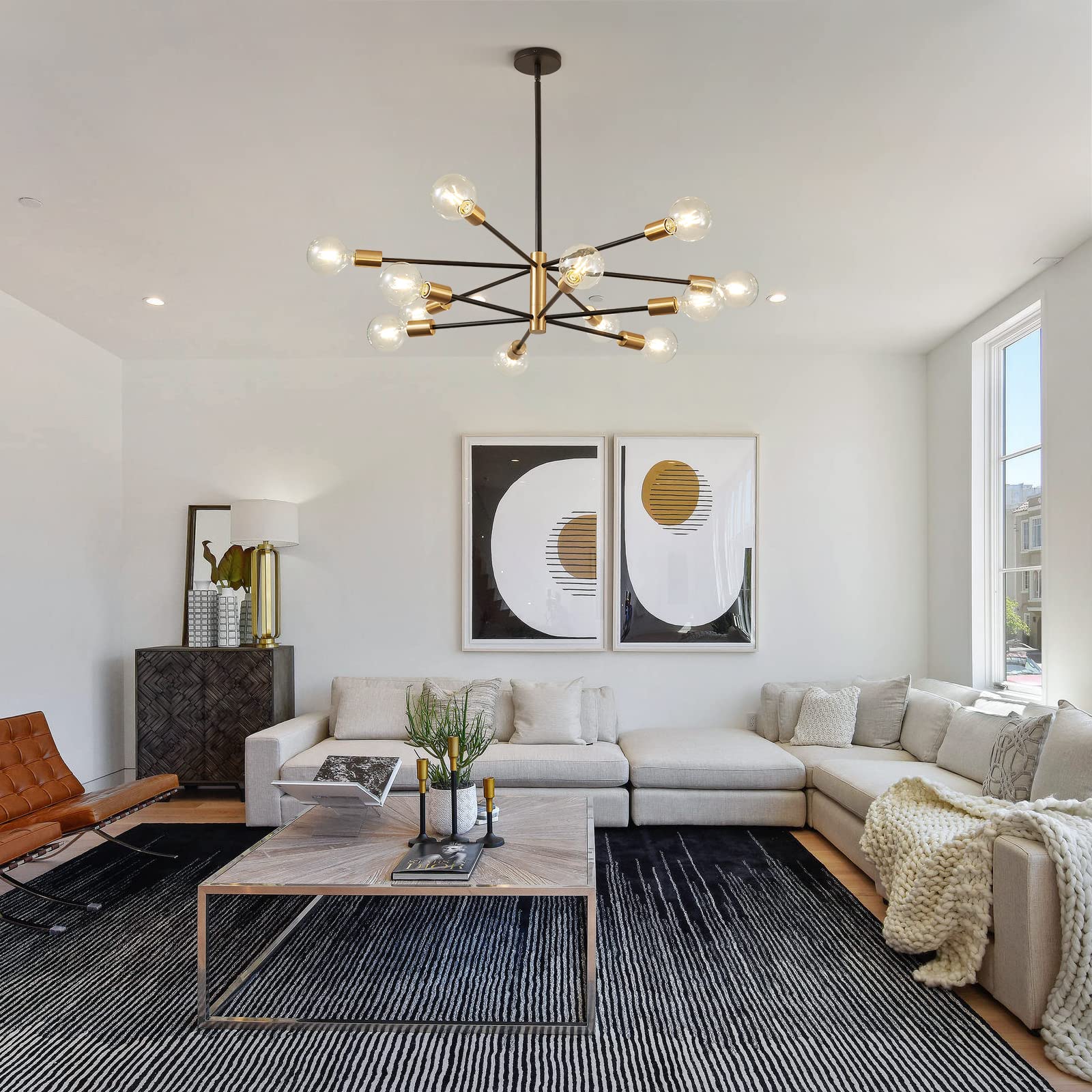 RUIYEY Sputnik Chandelier 12-Light Modern Ceiling Fixture Black and Gold for Dining Room, Living Room, Kitchen Island