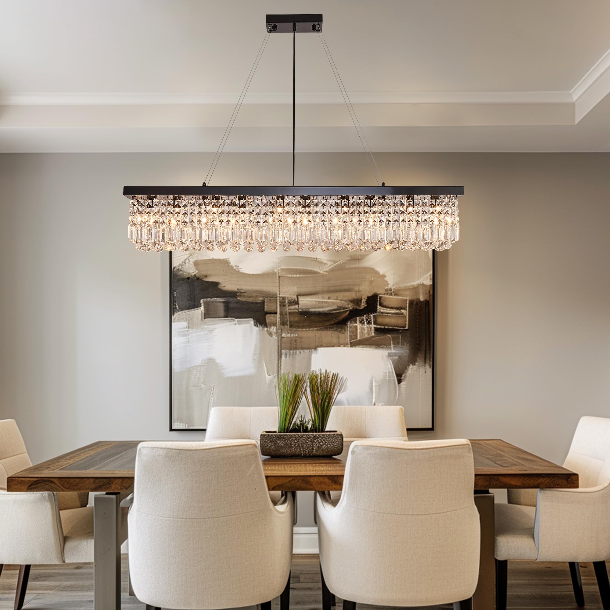 Tinkoso Modern Crystal Chandelier For Dining Room,10-Light Black Rectangle Pendant Ceiling Light Fixture For Kitchen Island Bar,