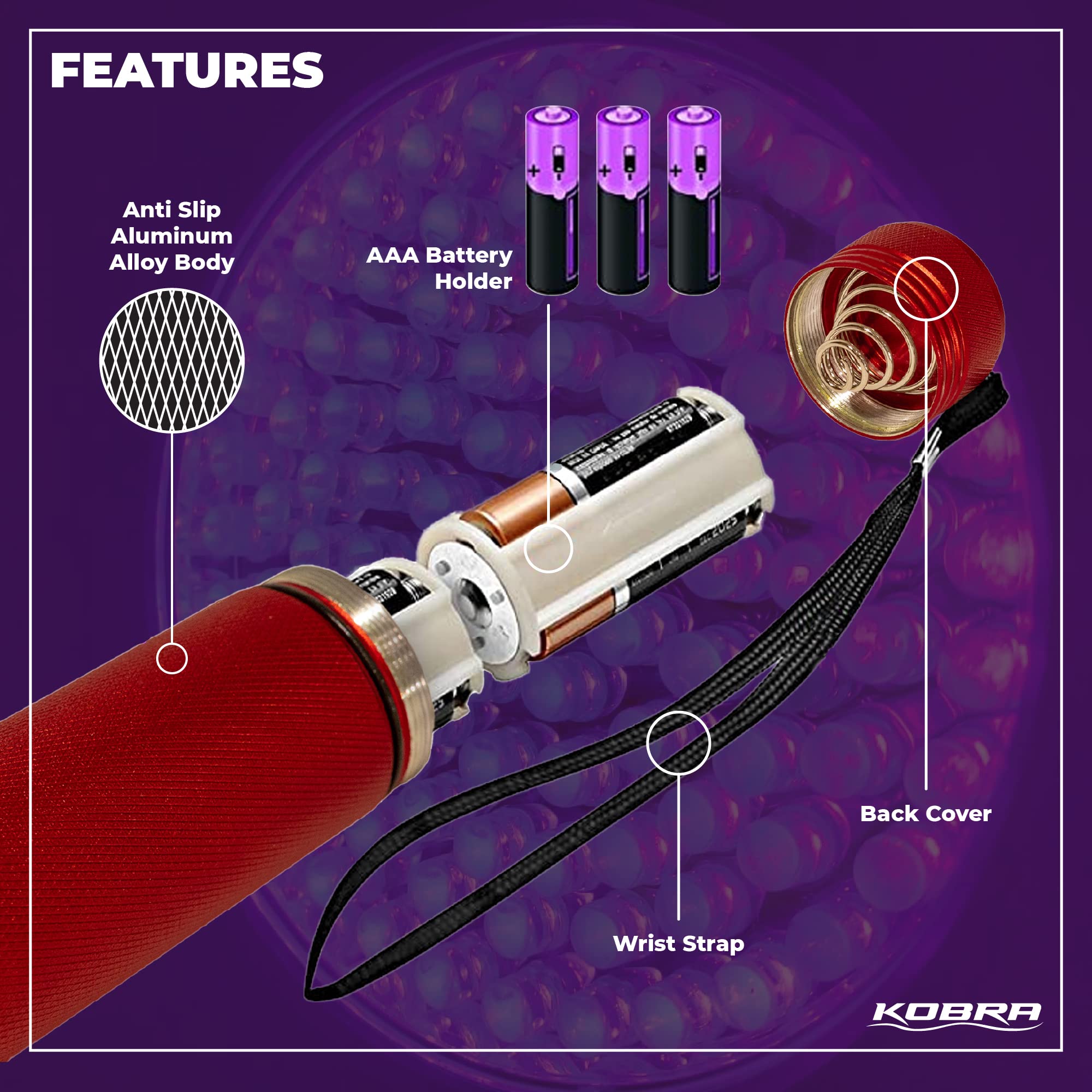KOBRA Black Light Flashlight 100 LED Lamp, Ultra Intensity 18W, 385-395nm, Aluminum, Red, Model BLFL-PRNT
