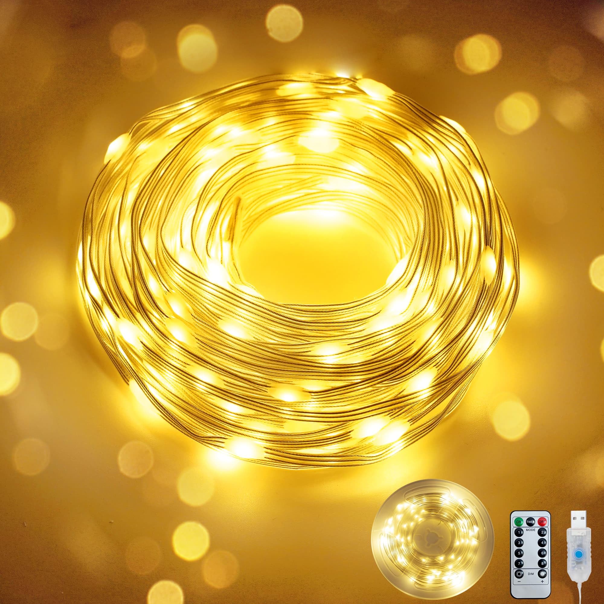 Fairy Lights 40 FT 100 LED USB Twinkle String Lights Plug in Lights with Remote and Timer 8 Modes Waterproof Silver Wire for Bedroom Christmas Tree Indoor Outdoor Decoration