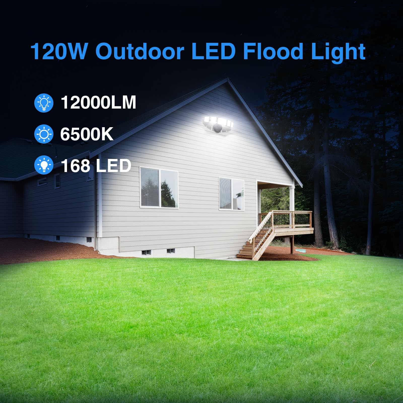 SZPOWER 120W Outdoor LED Flood Light, 5 Heads, IP65 Waterproof, Black, Model SZBL1005, 6500K Super Bright Security Lighting