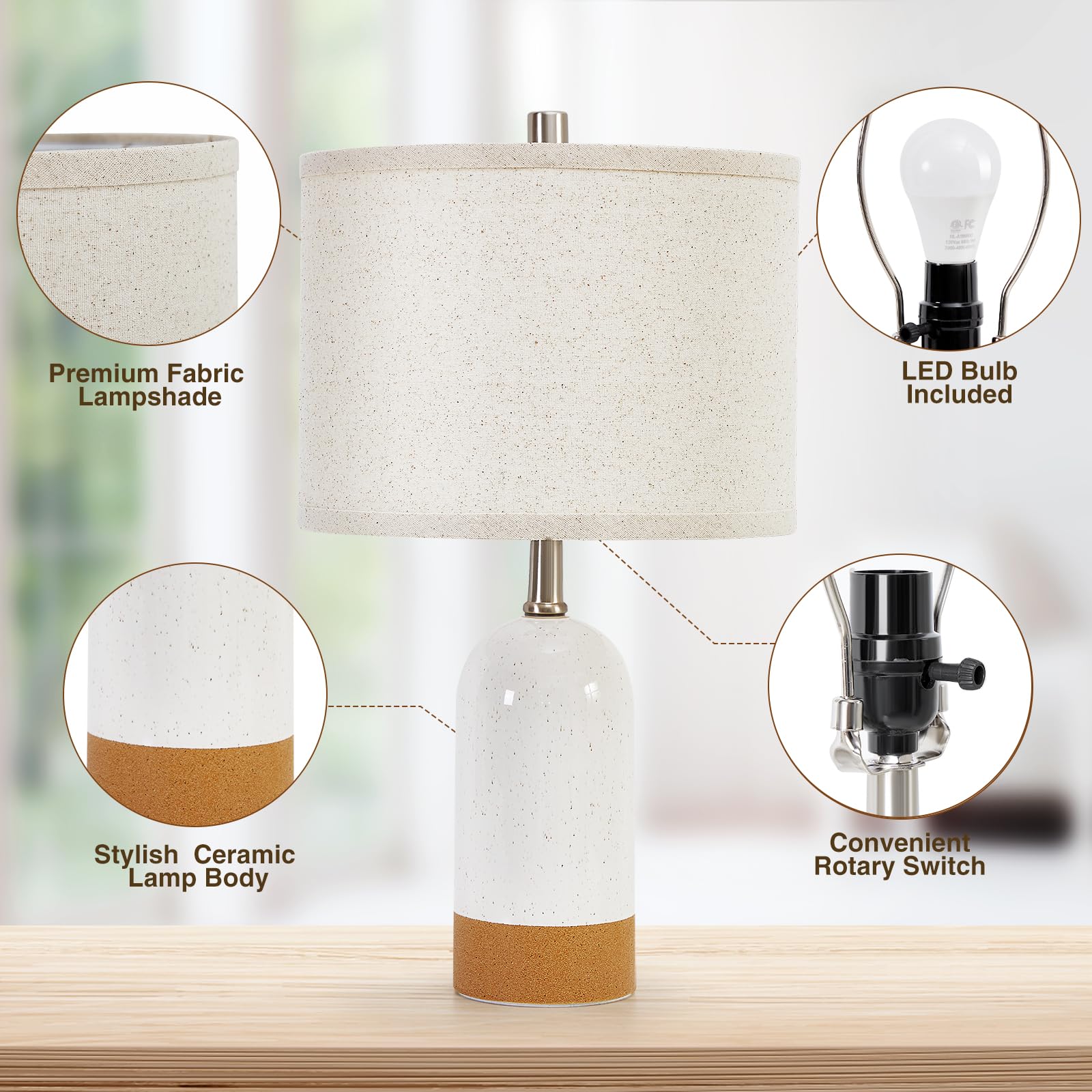 GyroVu Table Lamp 21.5" Ceramic Nightstand Light - 3 Color Temperatures, Orange White & Beige, 2 Pack for Bedroom, Kids Room, Home Office