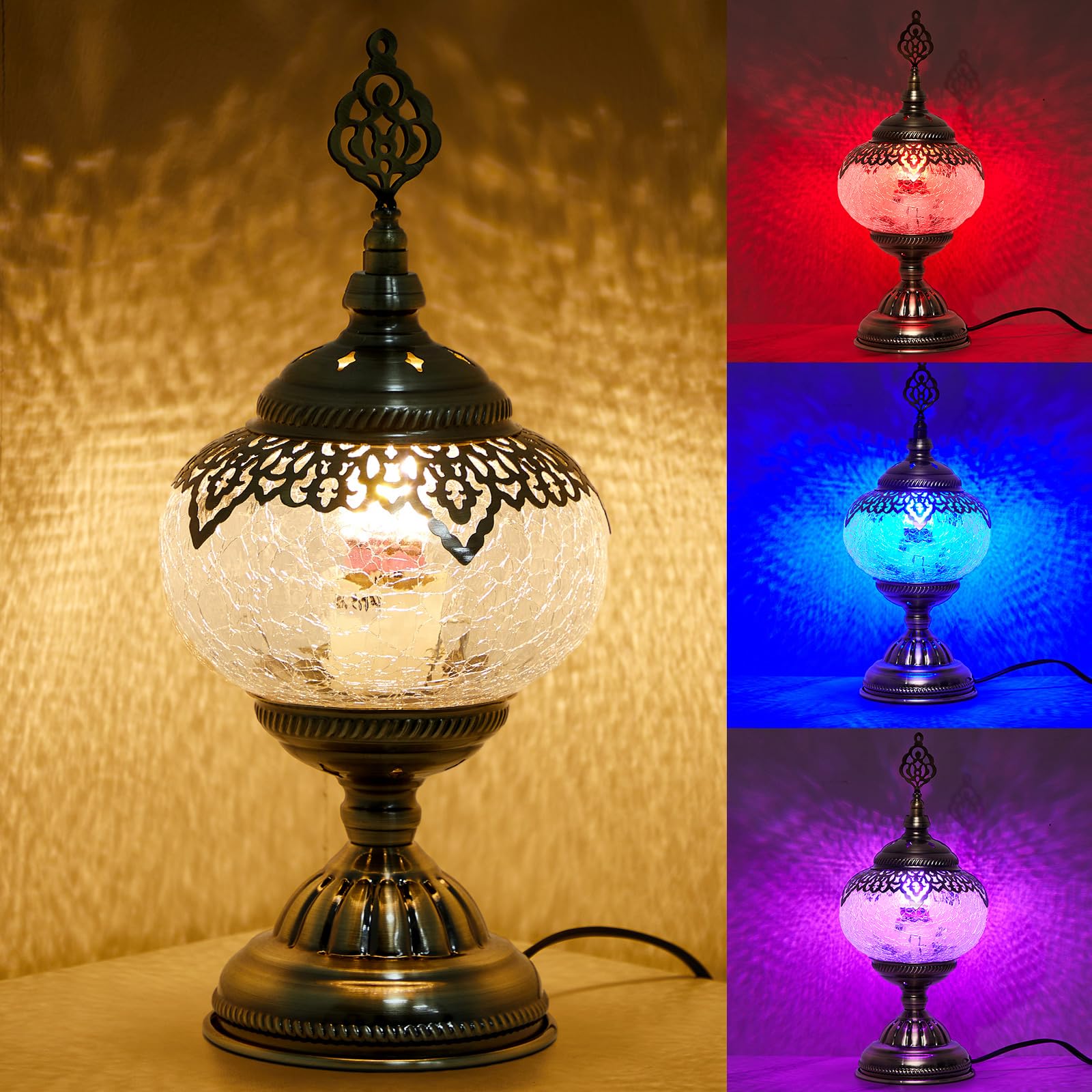 Baquler Large Globe Turkish Moroccan Table Lamp Handmade Vintage Moroccan Glass Lampshade Turkish Desk Lamp Bohemian Decorative 