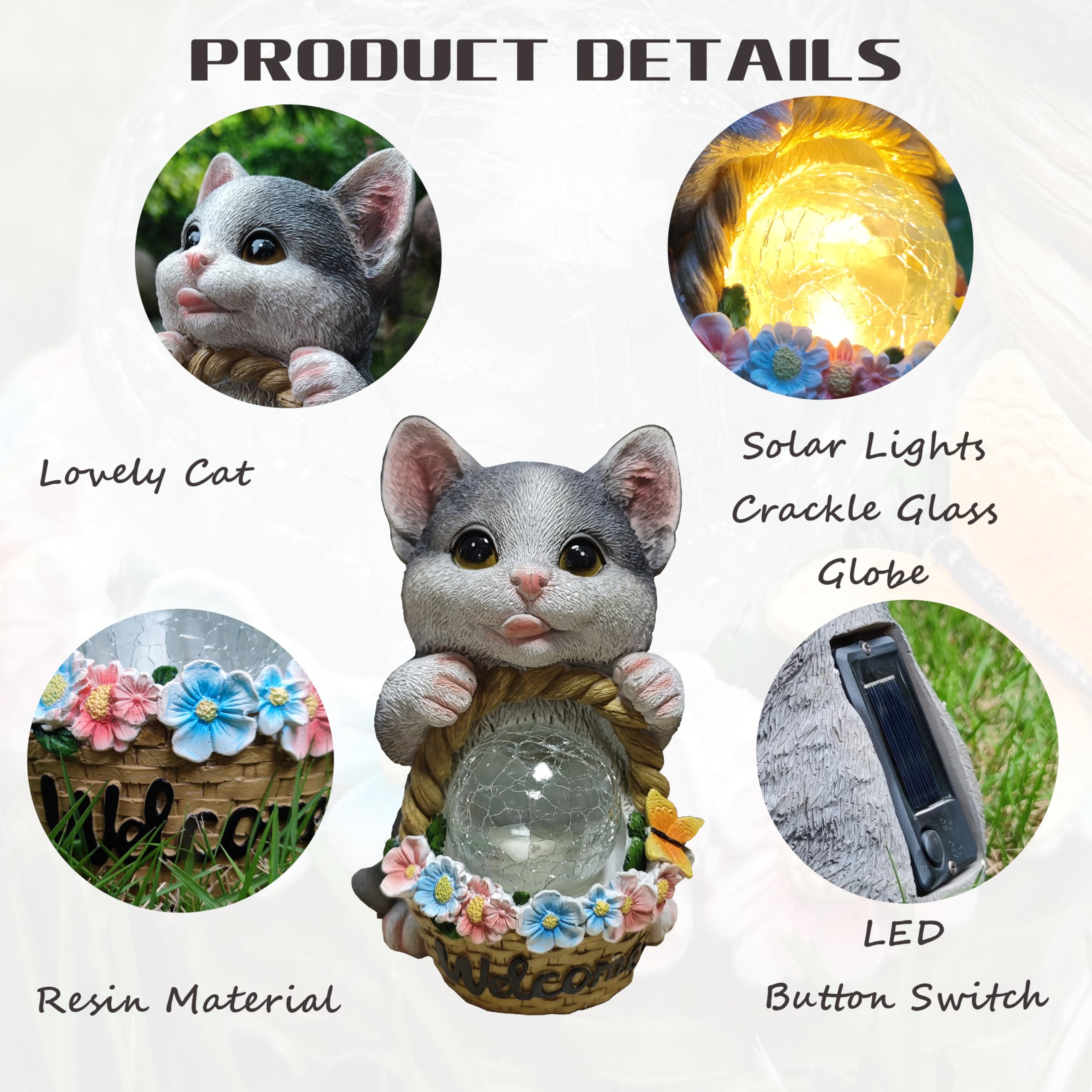Rctticuu Solar Cat Garden Outdoor Statues Resin Cat Figurine Carrying Flower Basket And Magic Orb With Solar Led Lights  Lawn Decor Outdoor Statue For Patio  Balcony  Yard Ornament Gifts For Mom