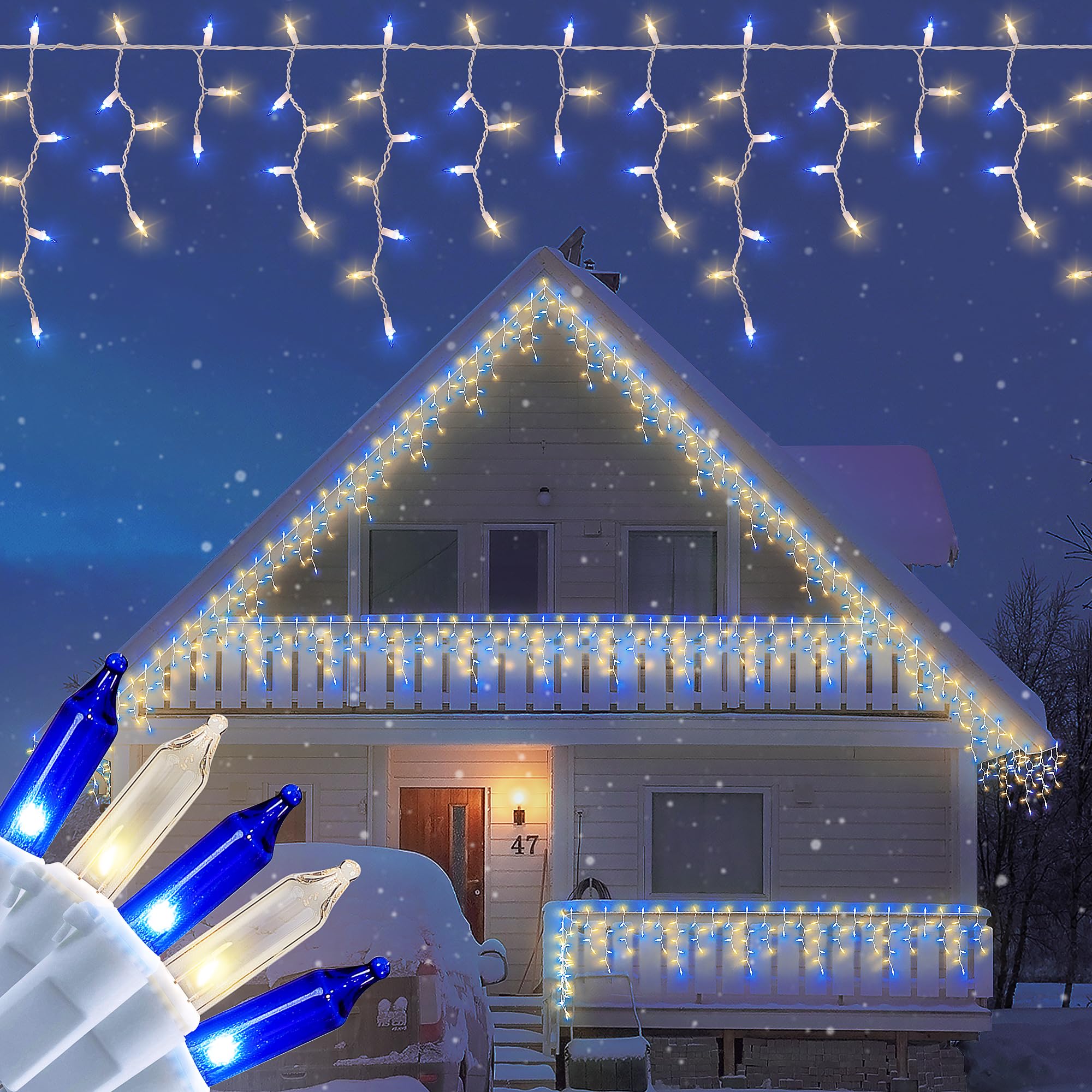 BEEWIN 200ct Blue&Clear Mini Icicle Christmas Lights, 23FT White Wire Incandescent Bulb String Lights, Connectable Indoor Outdoo