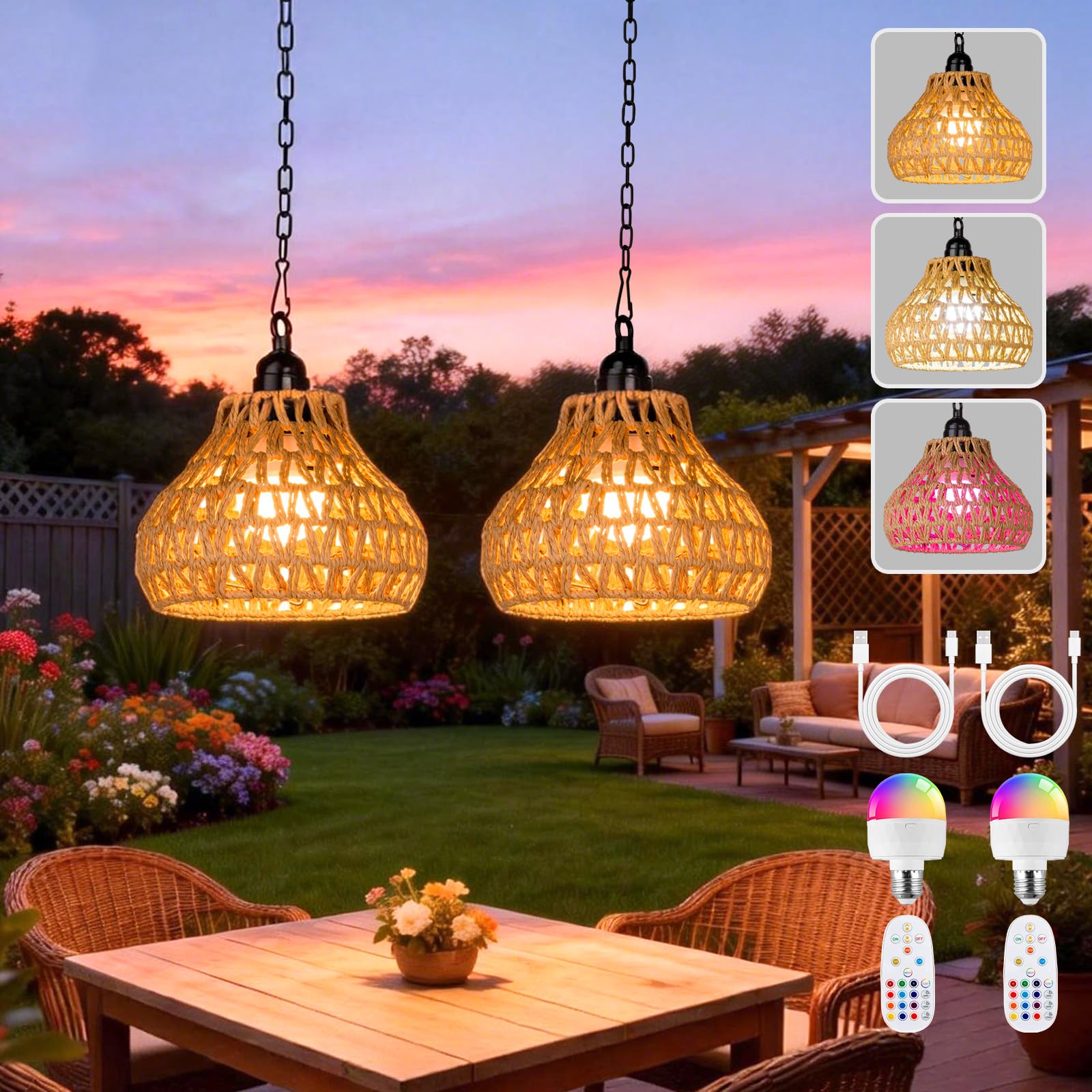 ALL FORTUNE Rechargeable Hanging Pendant Lights, 2 Pack Battery Operated Outdoor Chandelier with Remote, No Wiring for Outdoor P