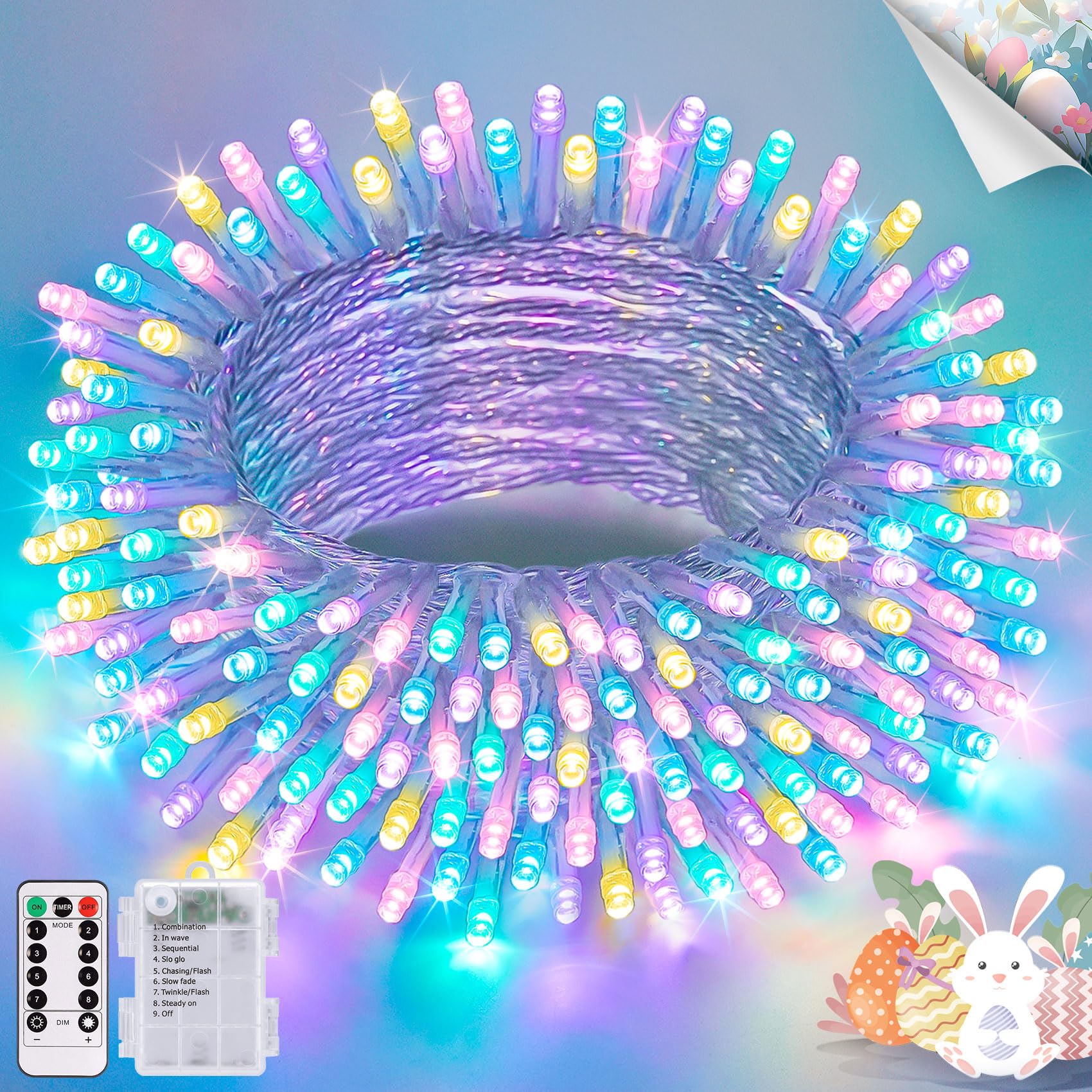 JMEXSUSS 33ft 100 LED Easter Lights Battery Operated  Outdoor Indoor Pastel Lights for Easter  Colorful String Lights for House Porch Yard Garden Tree Decor